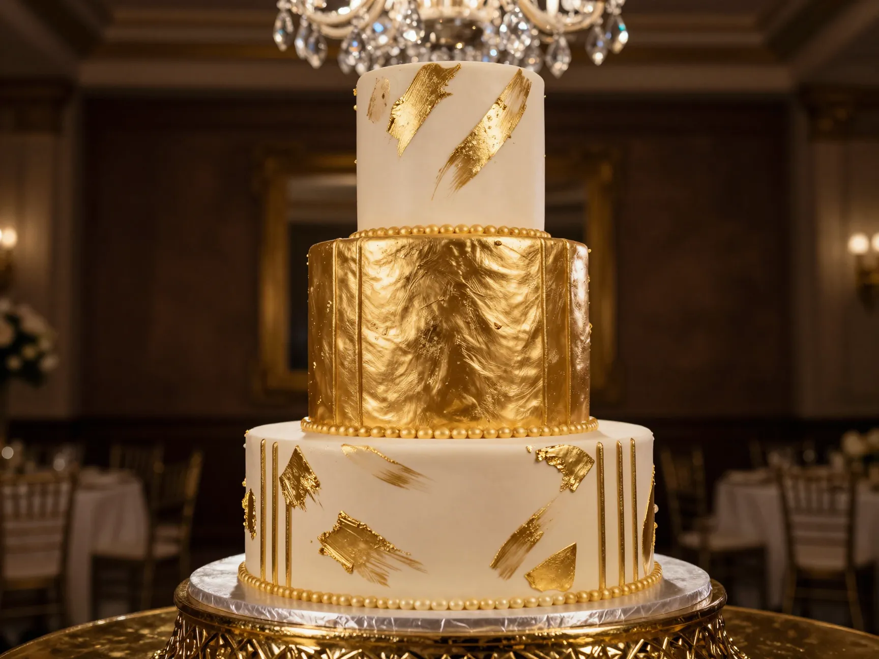 Metallic gold glamour three tier wedding cake