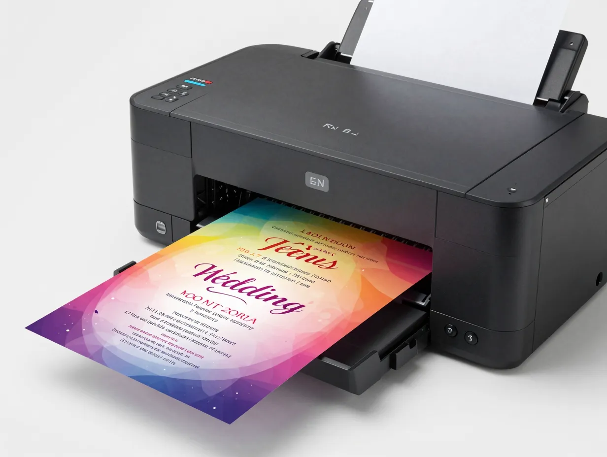 Rear feed inkjet printer smoothly outputs a thick cardstock invitation with vibrant colors