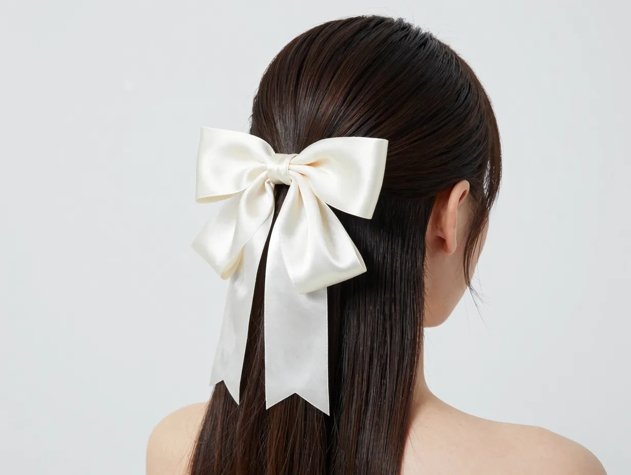 Sleek modern half up hairstyle secured with a wide satin bow