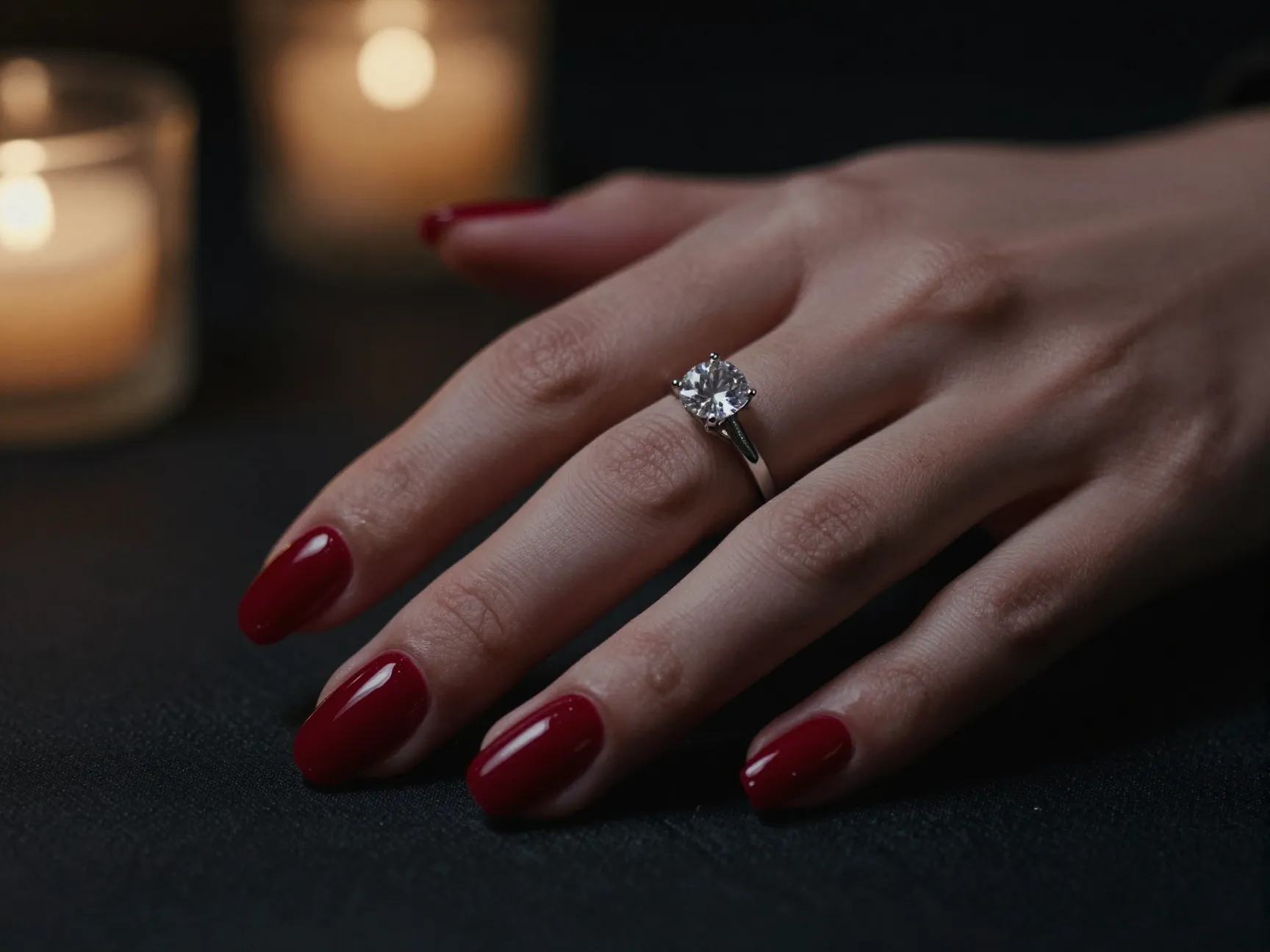 Deep glossy cherry red nails with diamond ring in moody setting