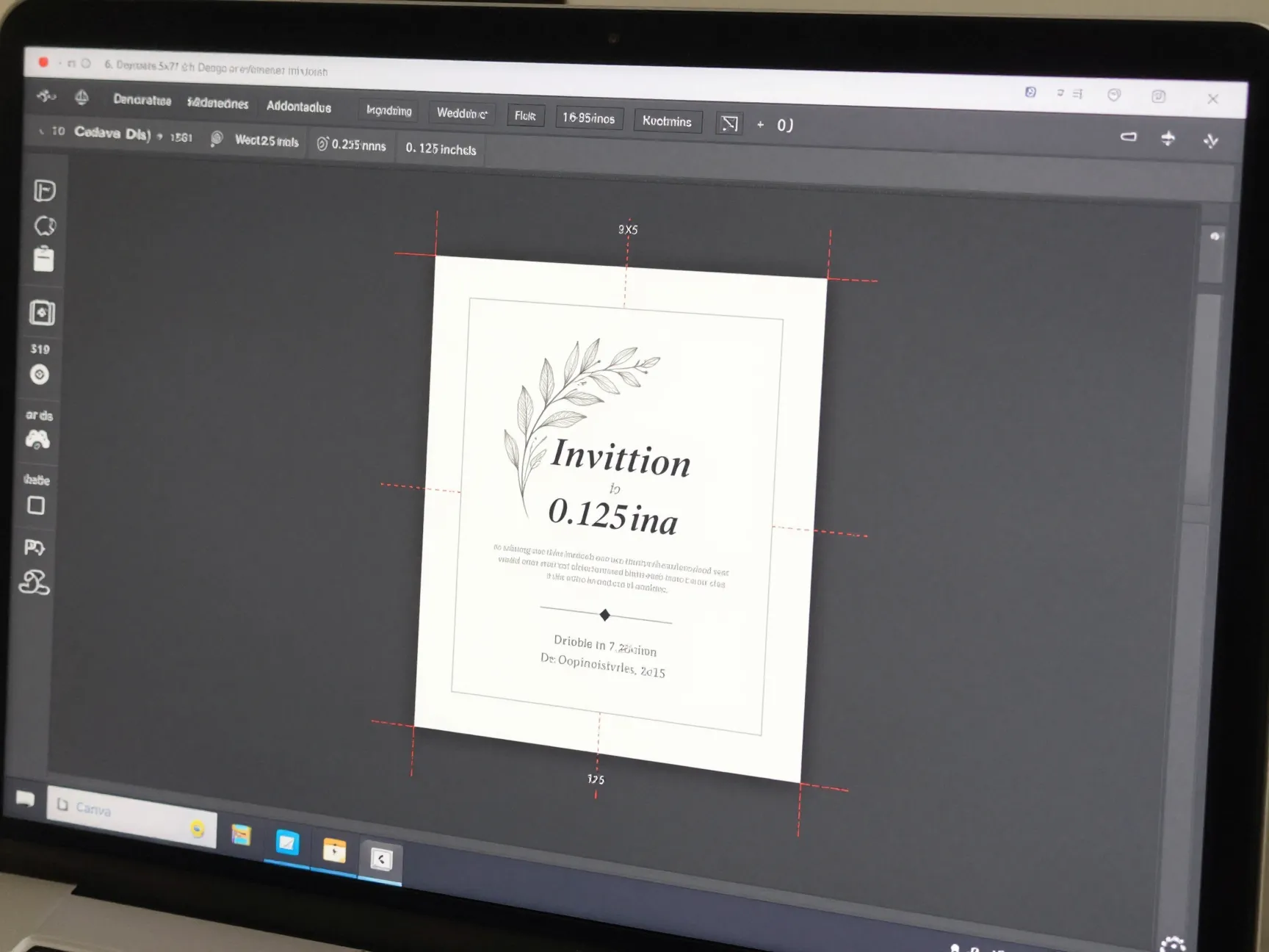 Design software screen shows invitation layout with precise bleed and margin guides