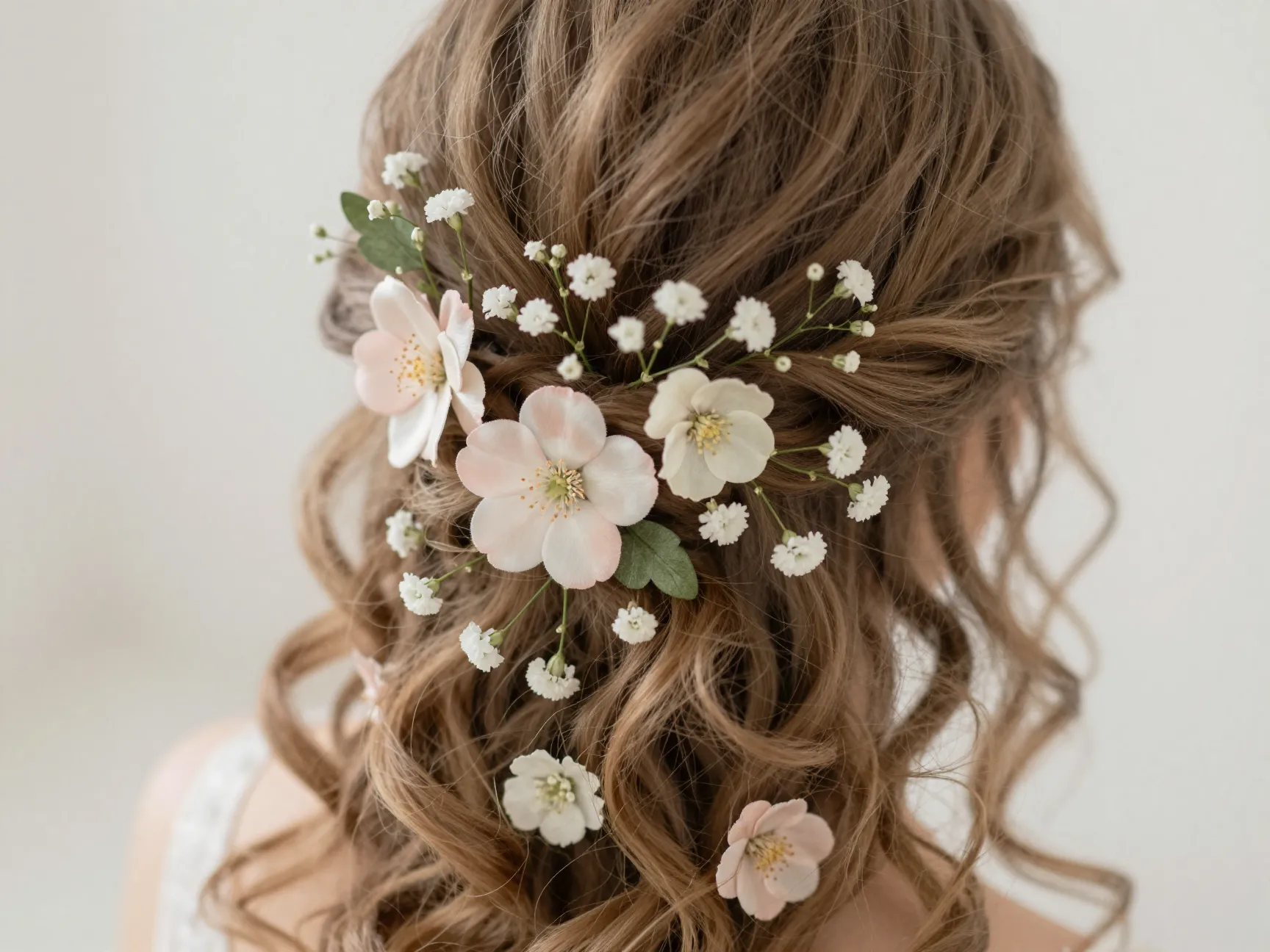 Romantic upswept half up hairstyle with scattered delicate floral pins