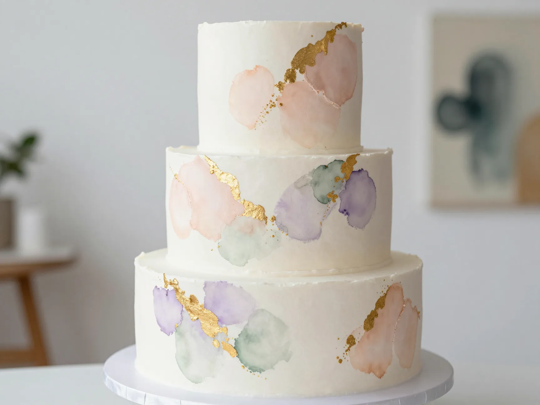 Watercolor painted dream three tier wedding cake