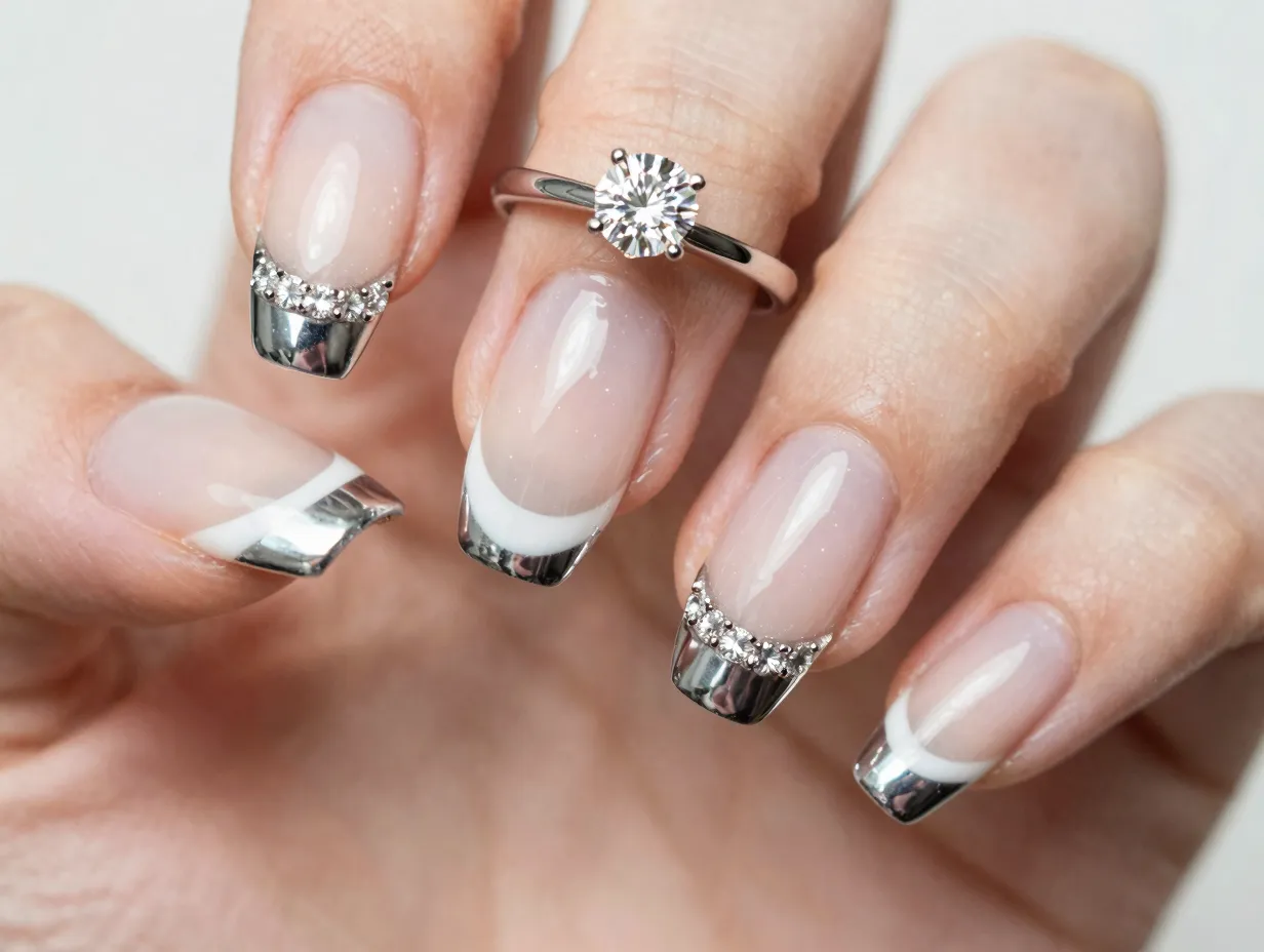 Modern glazed chrome french tip nails with diamond ring detail
