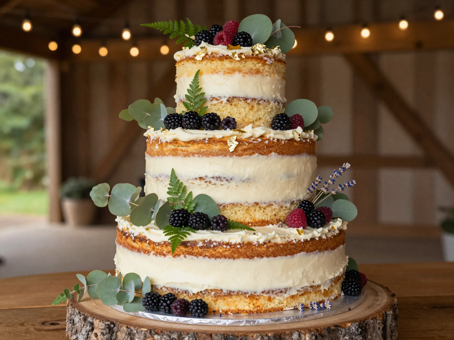 Rustic semi naked three tier cake with greenery