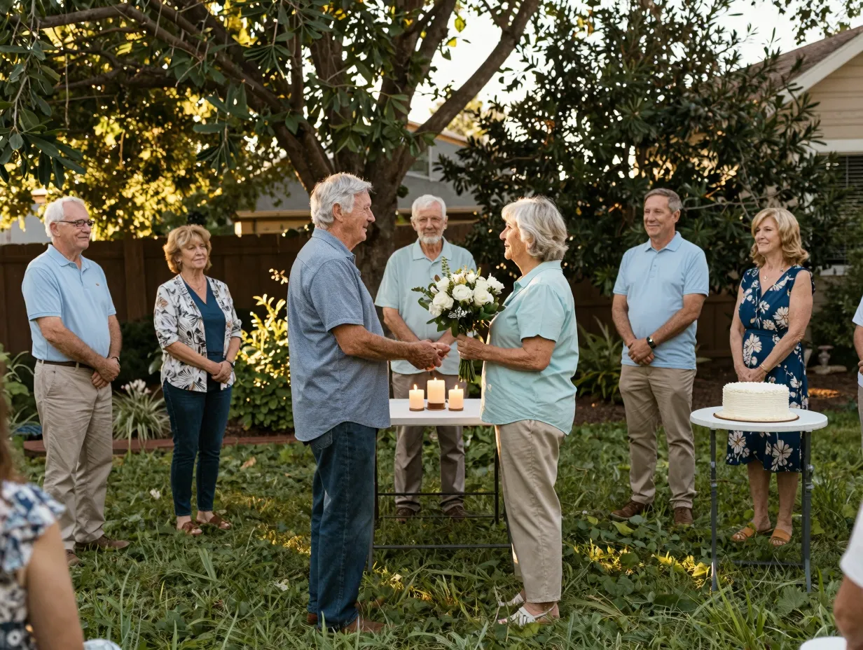 Vow renewal ceremony in backyard with bouquet and unity candle