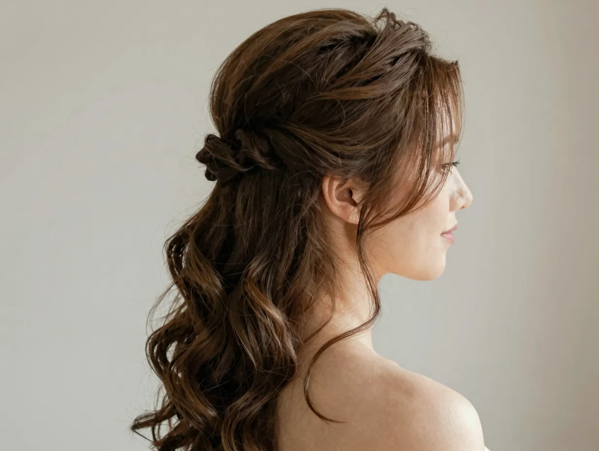 Half up chignon with loose face framing layers and soft waves