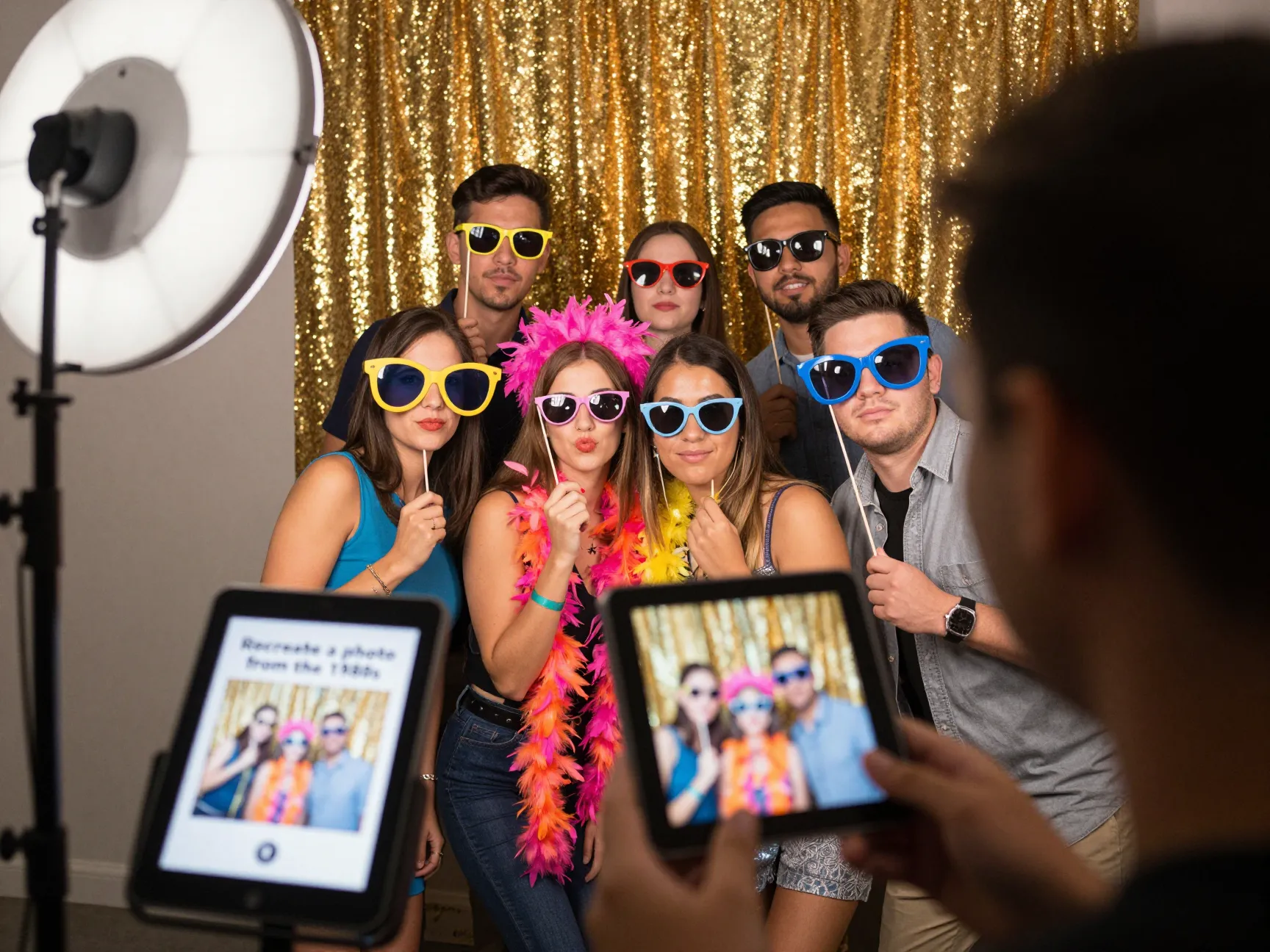 Interactive photo booth with props and challenge card for guests