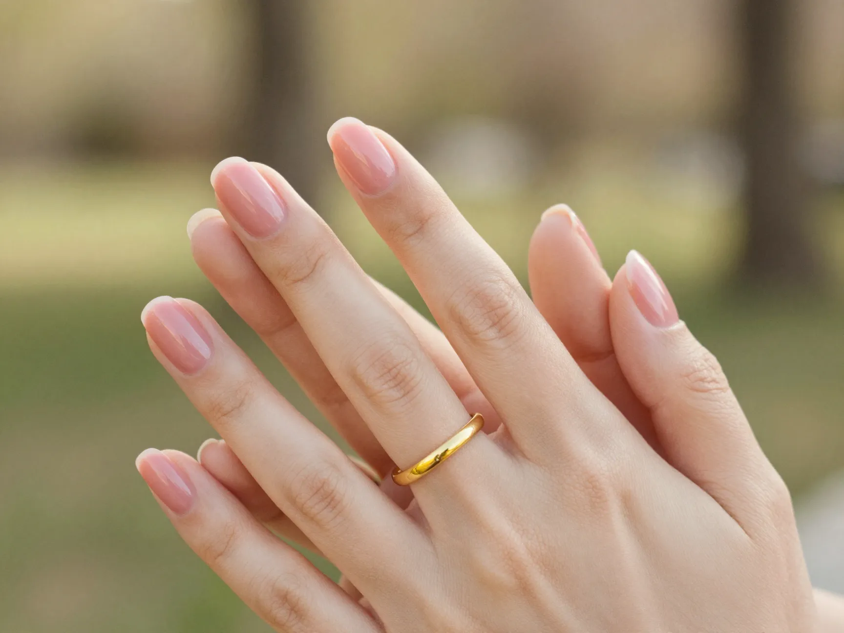Romantic blush pink glossy nails with yellow gold engagement ring