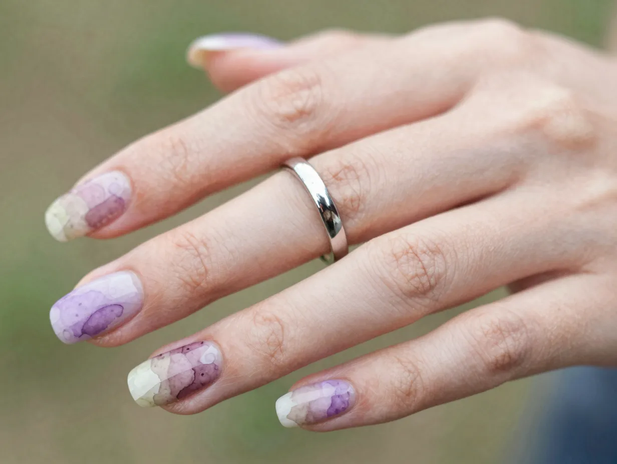 Artistic layered watercolor nuance nails in lavender and mauve