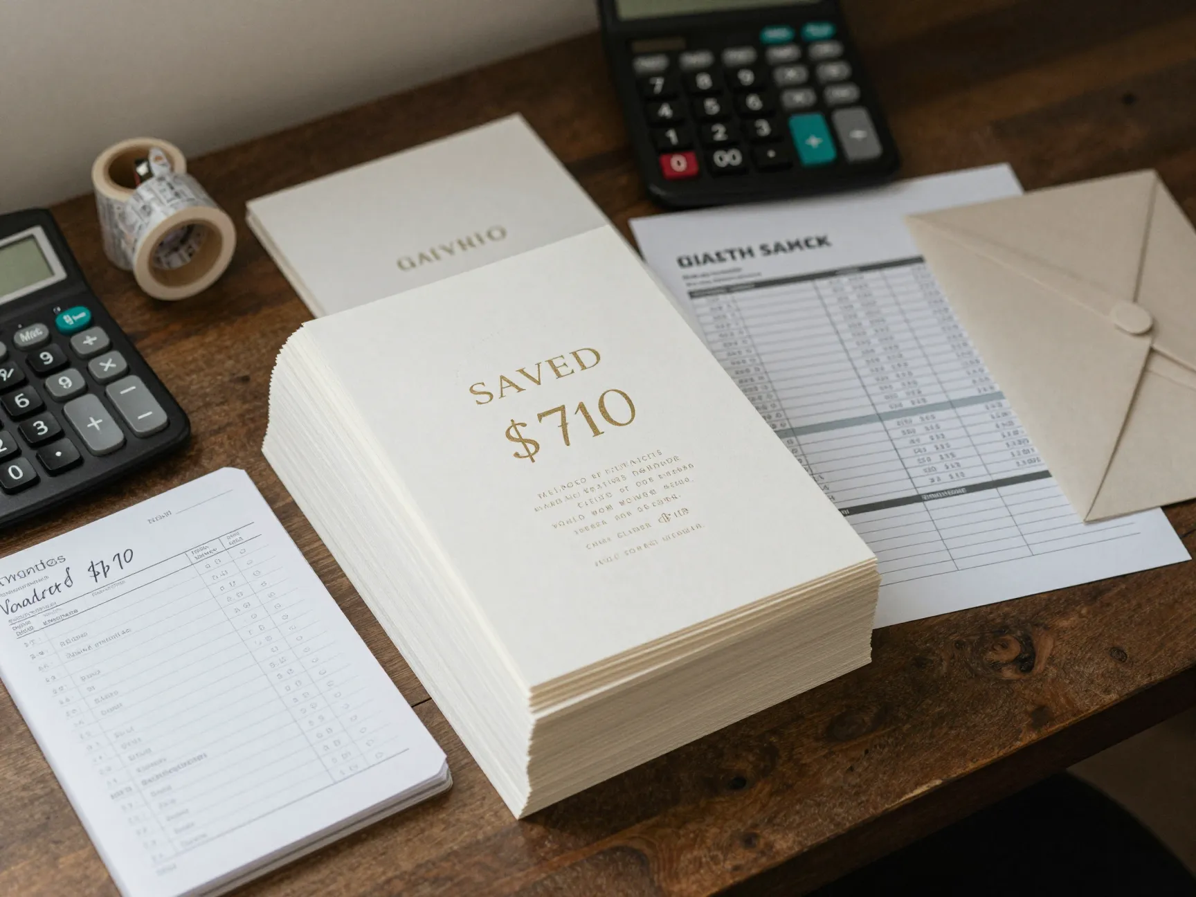 Calculator and notepad next to a large stack of beautiful finished diy invitations