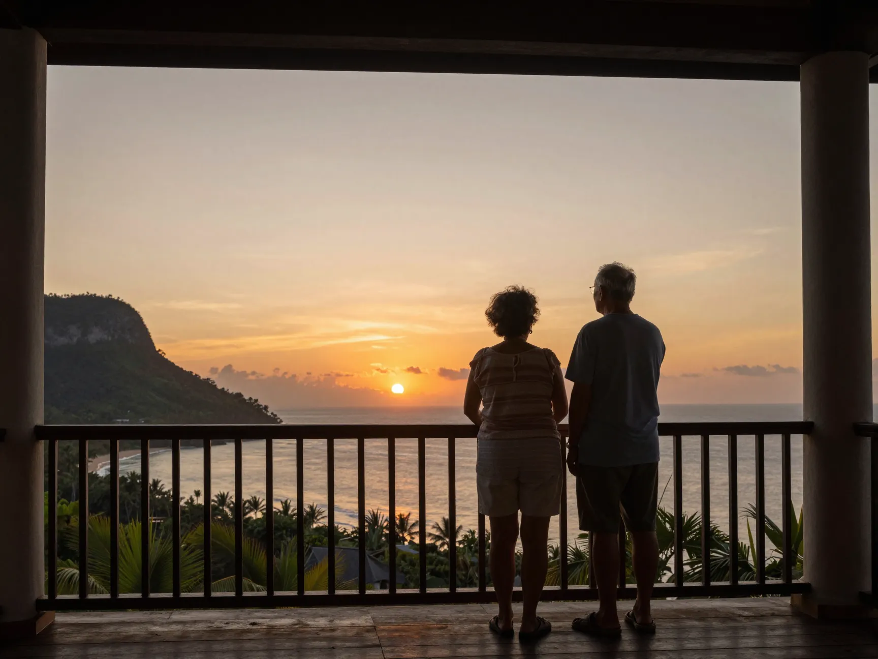 Elderly couple on balcony overlooking sunset at destination resort