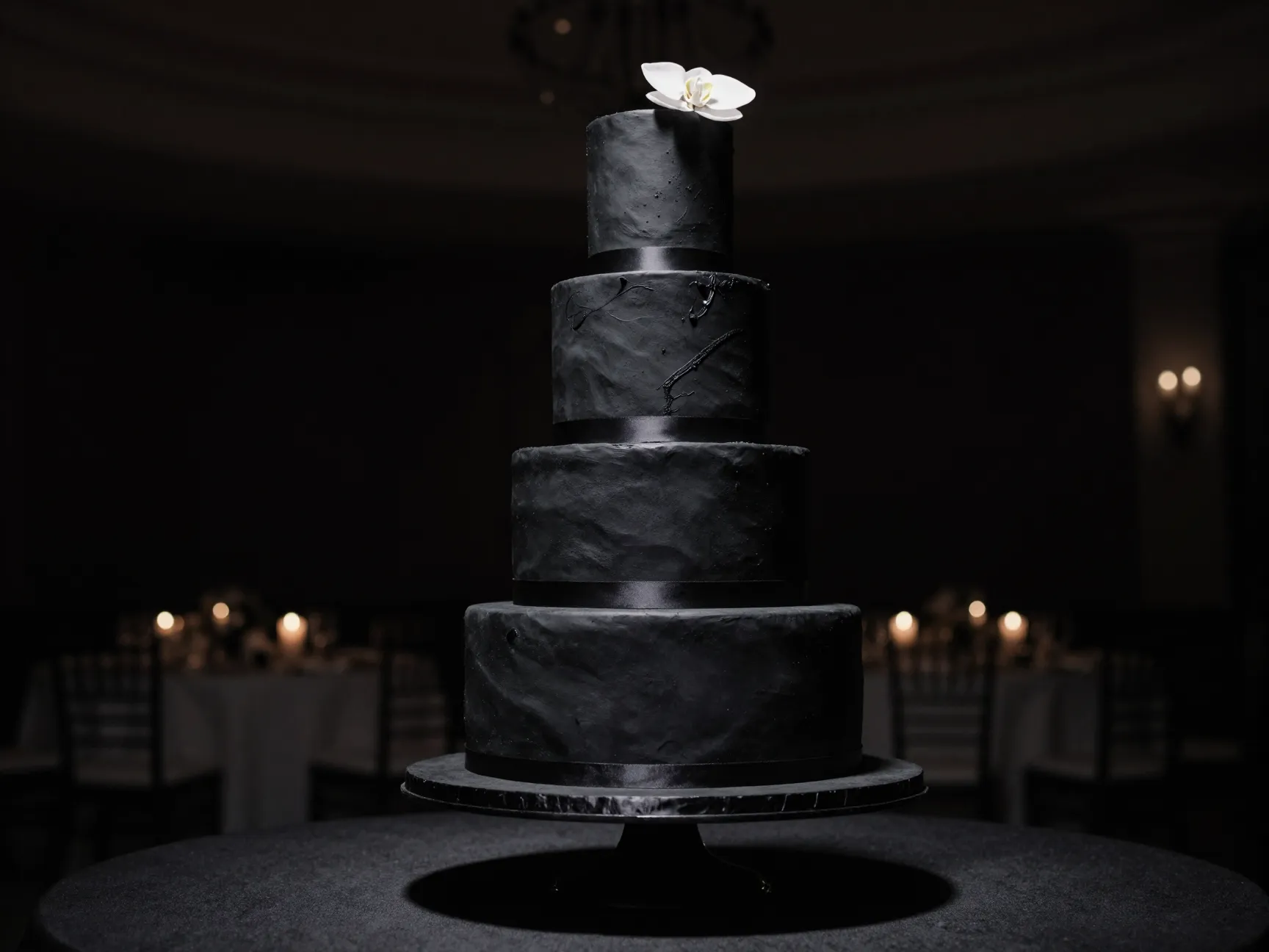 Monochromatic black tie three tier wedding cake