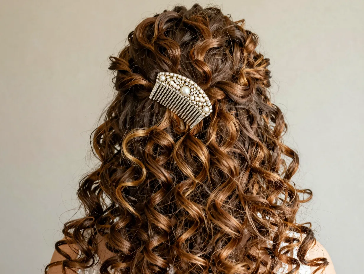 Natural curly half up hairstyle with a vintage decorative hair comb