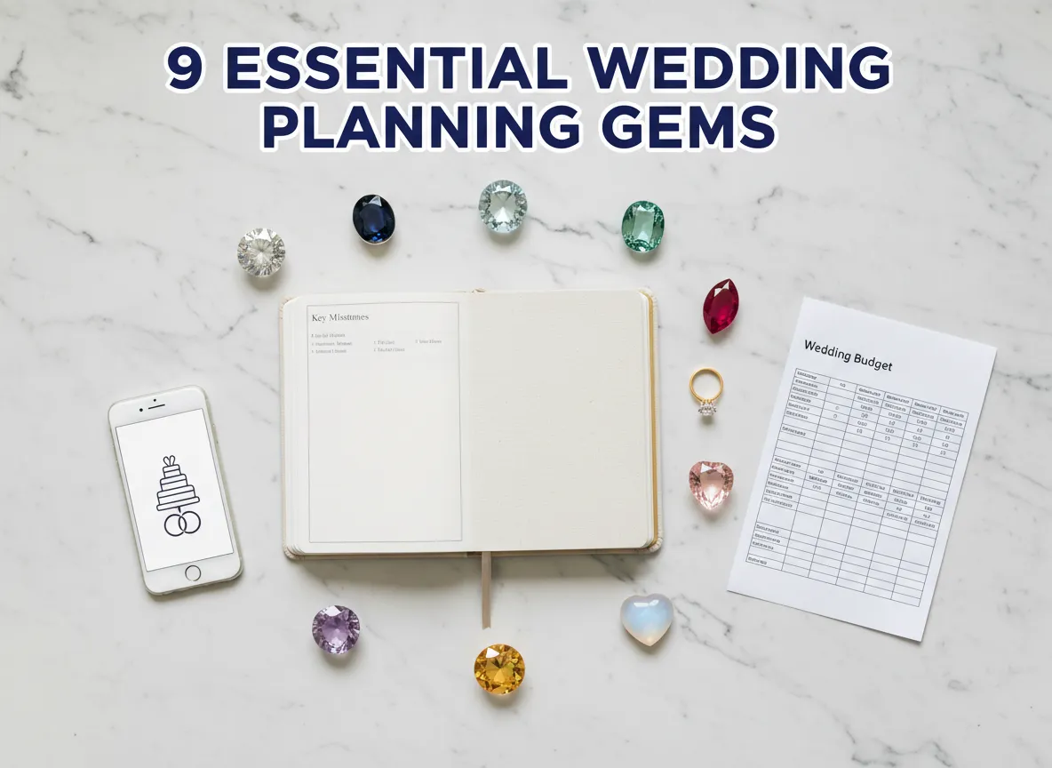 Essential wedding planning gems pastel flat lay notebook gemstones