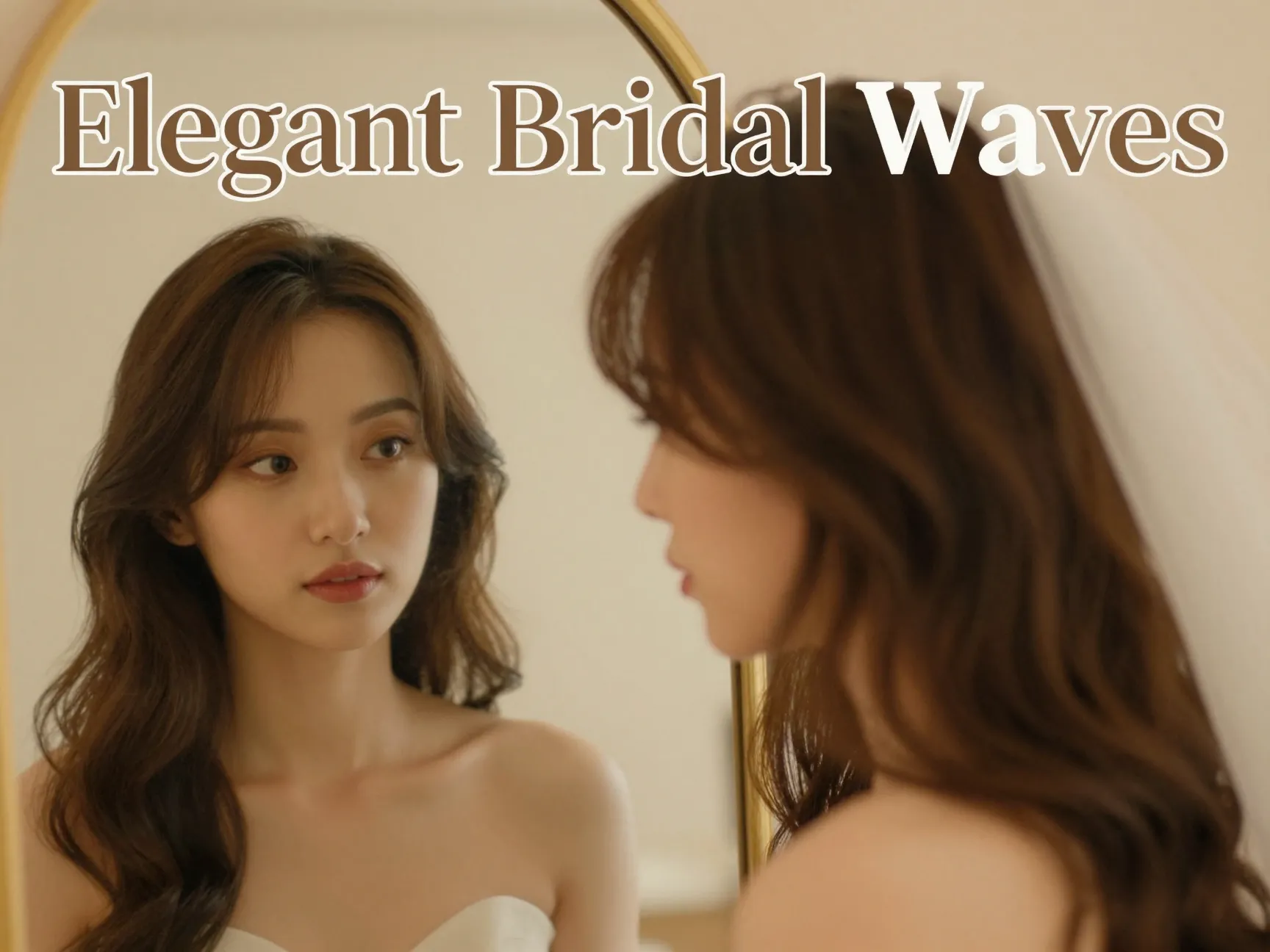 Glossy waves shoulder length bridal golden light mirror portrait