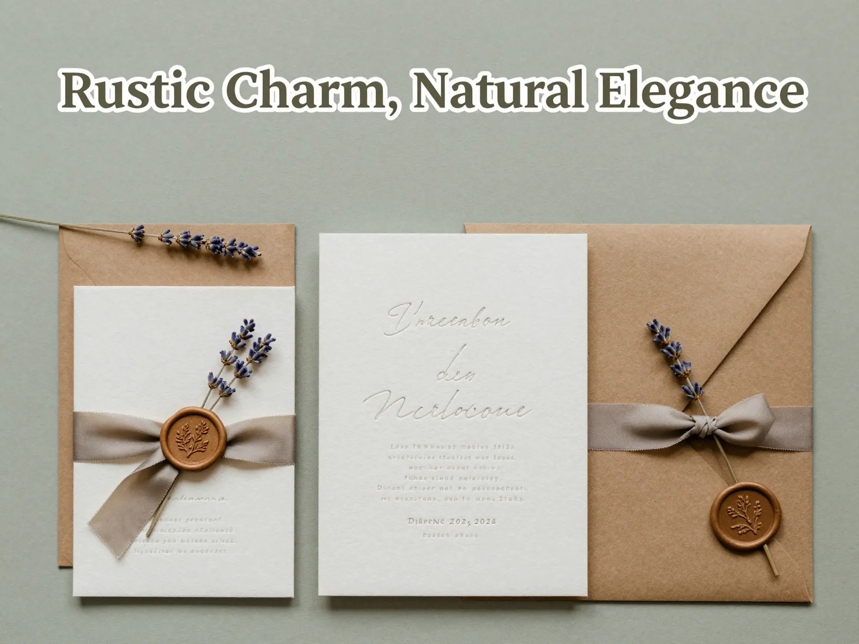 Rustic wedding stationery flat lay letterpress vellum kraft ribbon seal