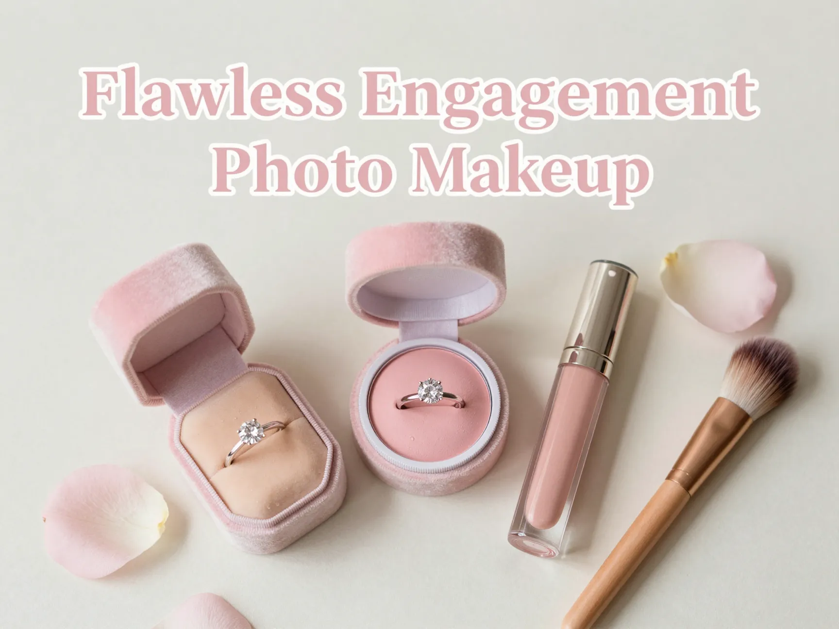 Velvet ring box dewy foundation pink blush lip gloss makeup brush flatlay