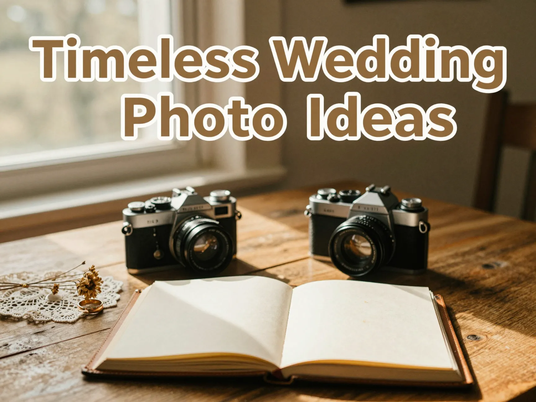 Vintage camera wedding details golden light film aesthetic open album rustic table