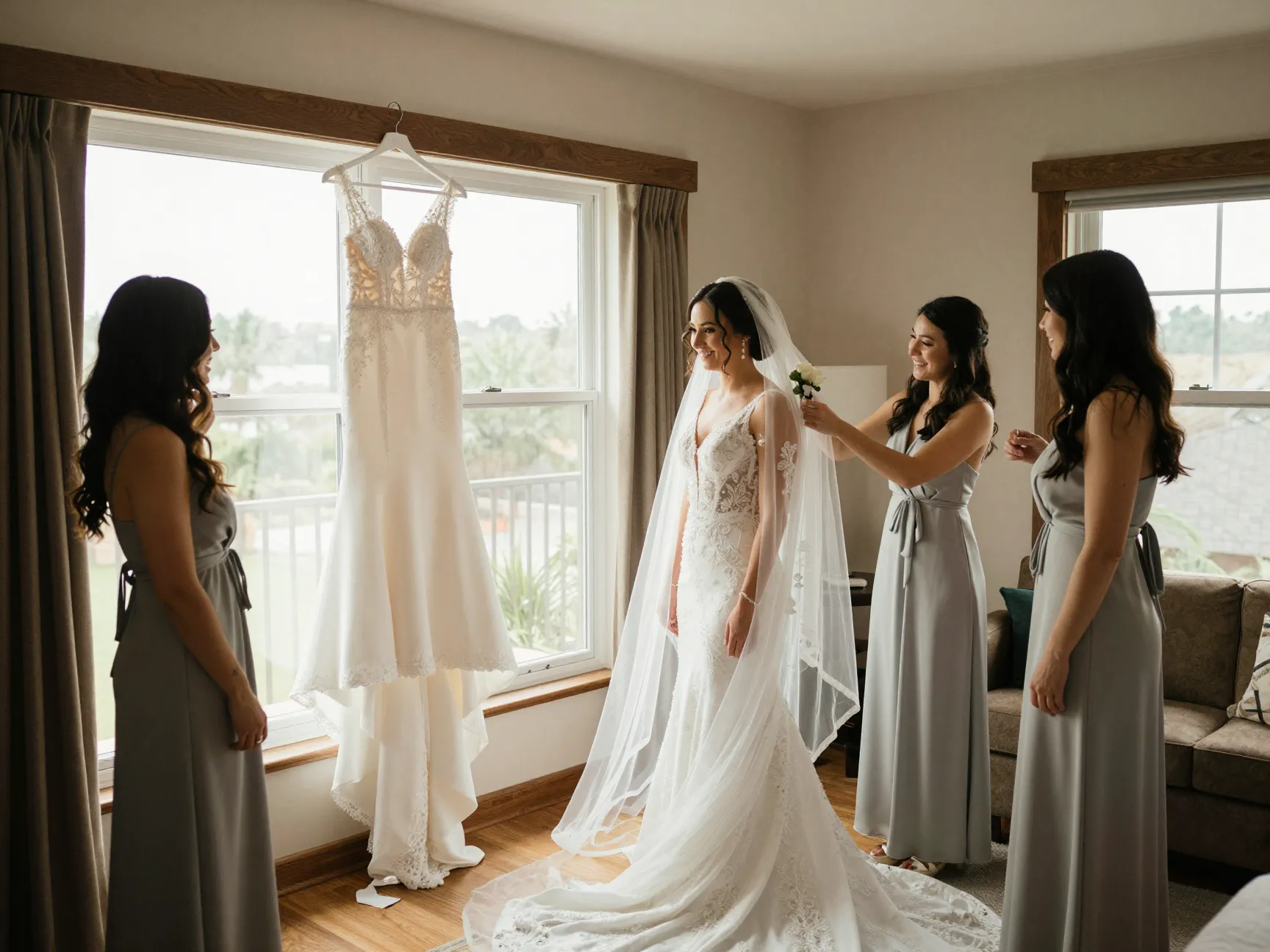 Bride getting ready in bridal suite with bridesmaids natural window light