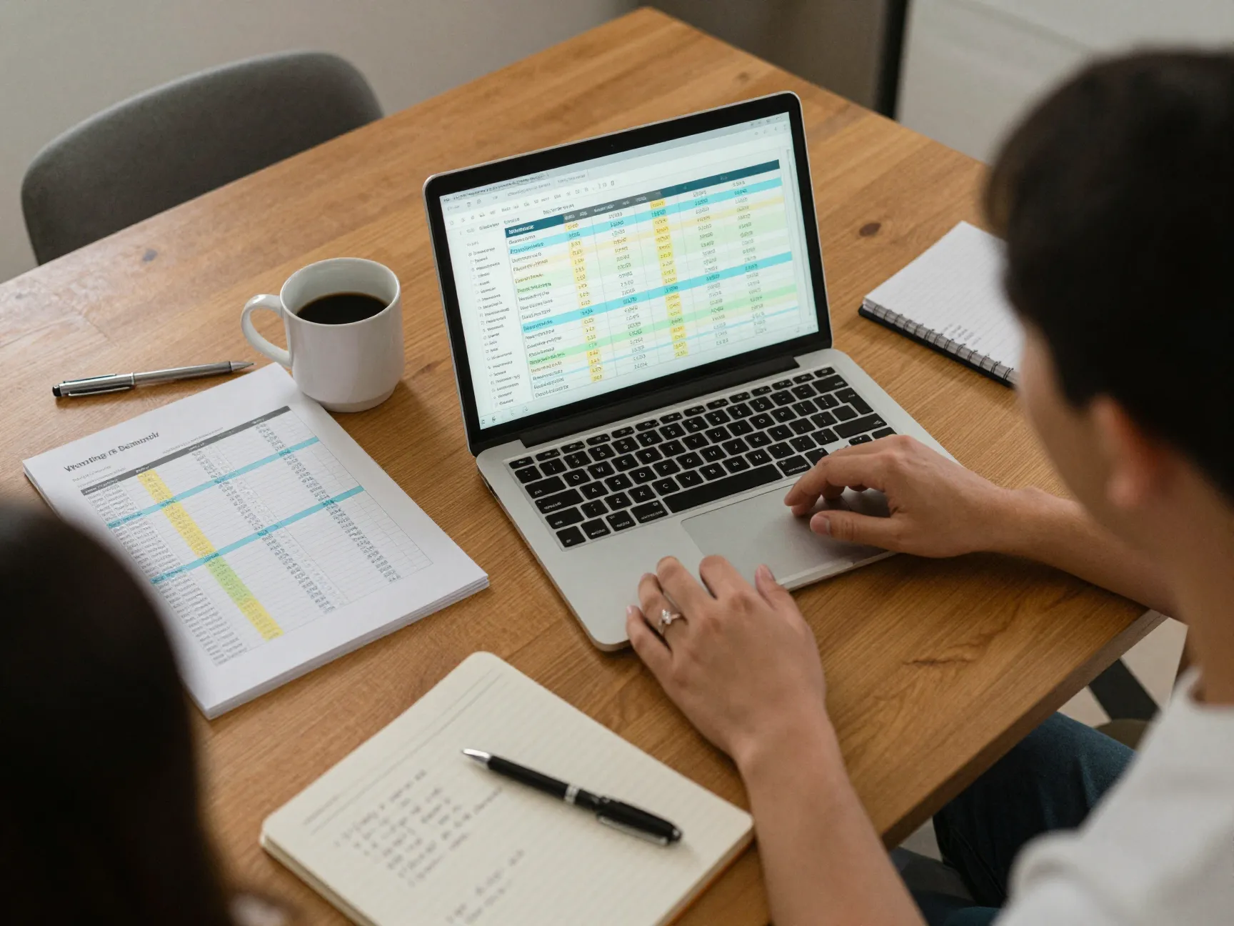 Couple reviewing detailed wedding budget spreadsheet on kitchen table