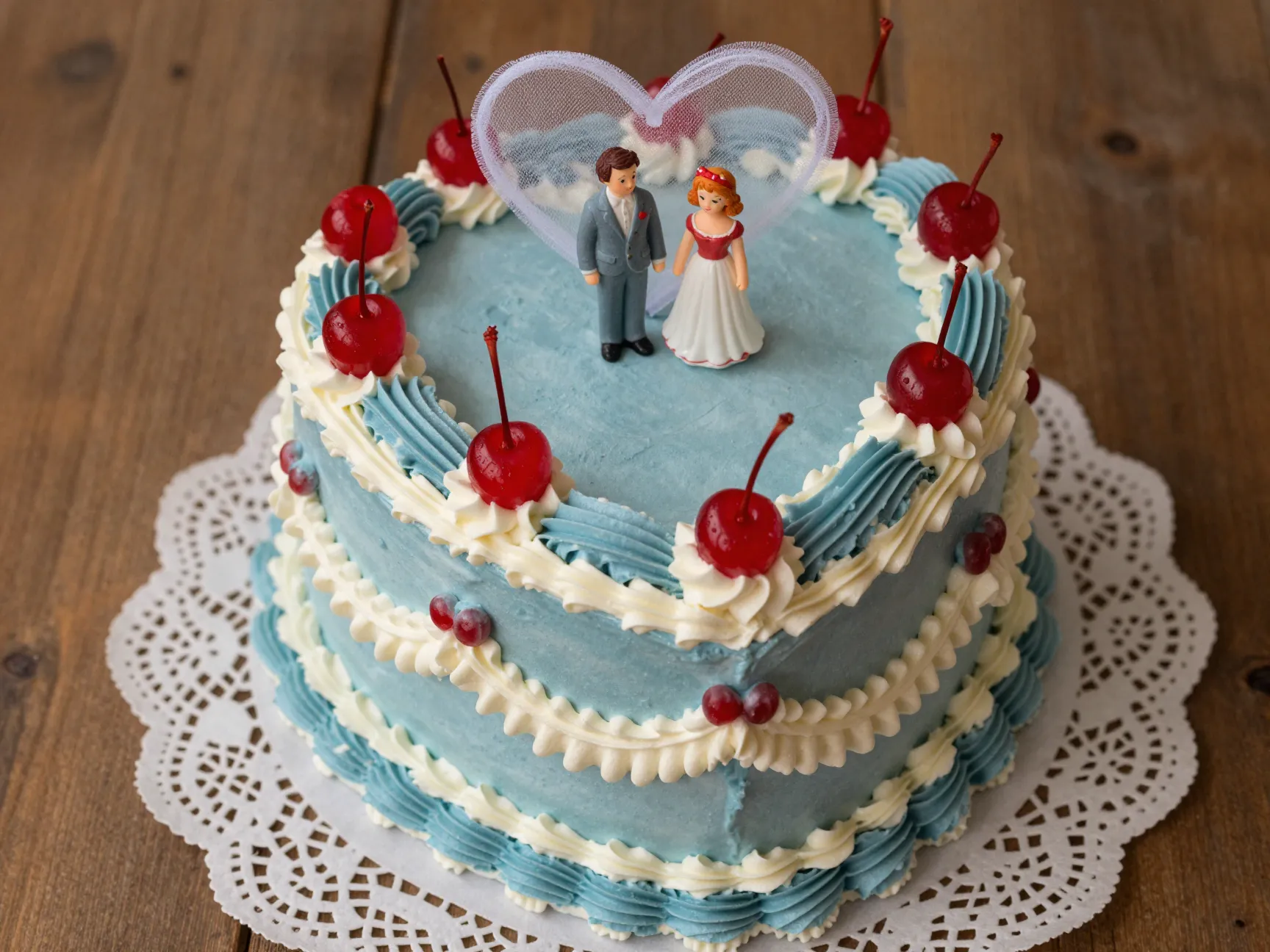 Vintage wilton buttercream swag cake with blue frosting and red cherries