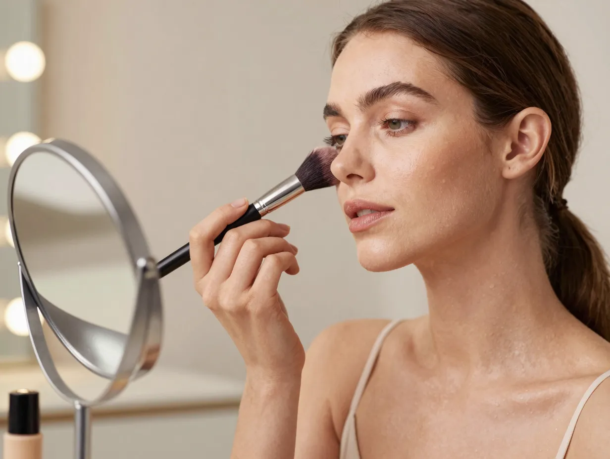 Woman applying soft glam bridal foundation with makeup mirror