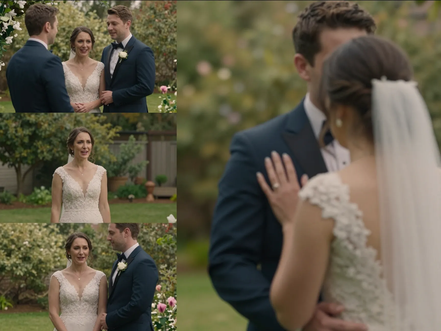 Couple first look emotional reveal at secluded garden location