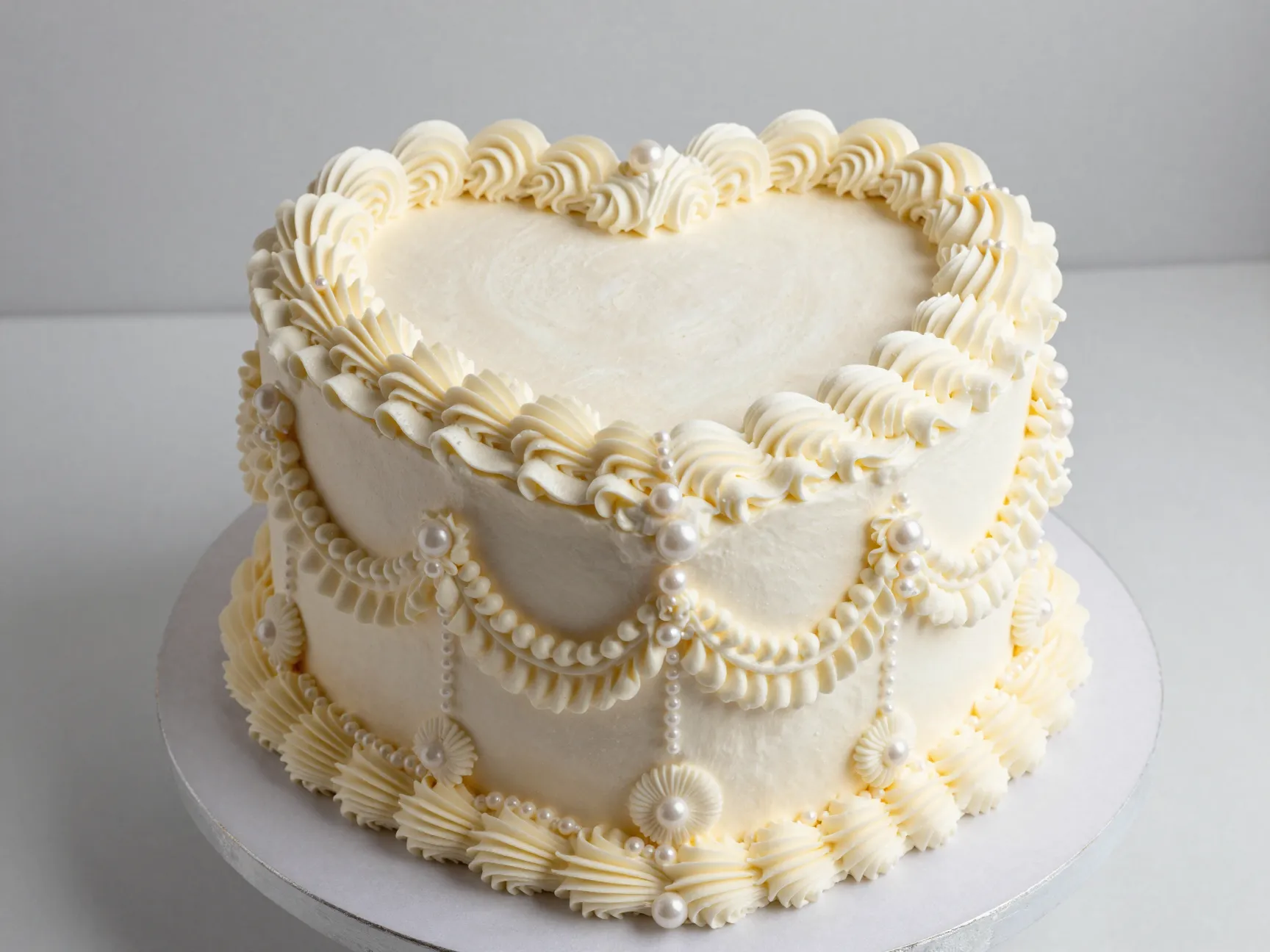 Lambeth style piped heart cake with intricate white scrolls and pearls