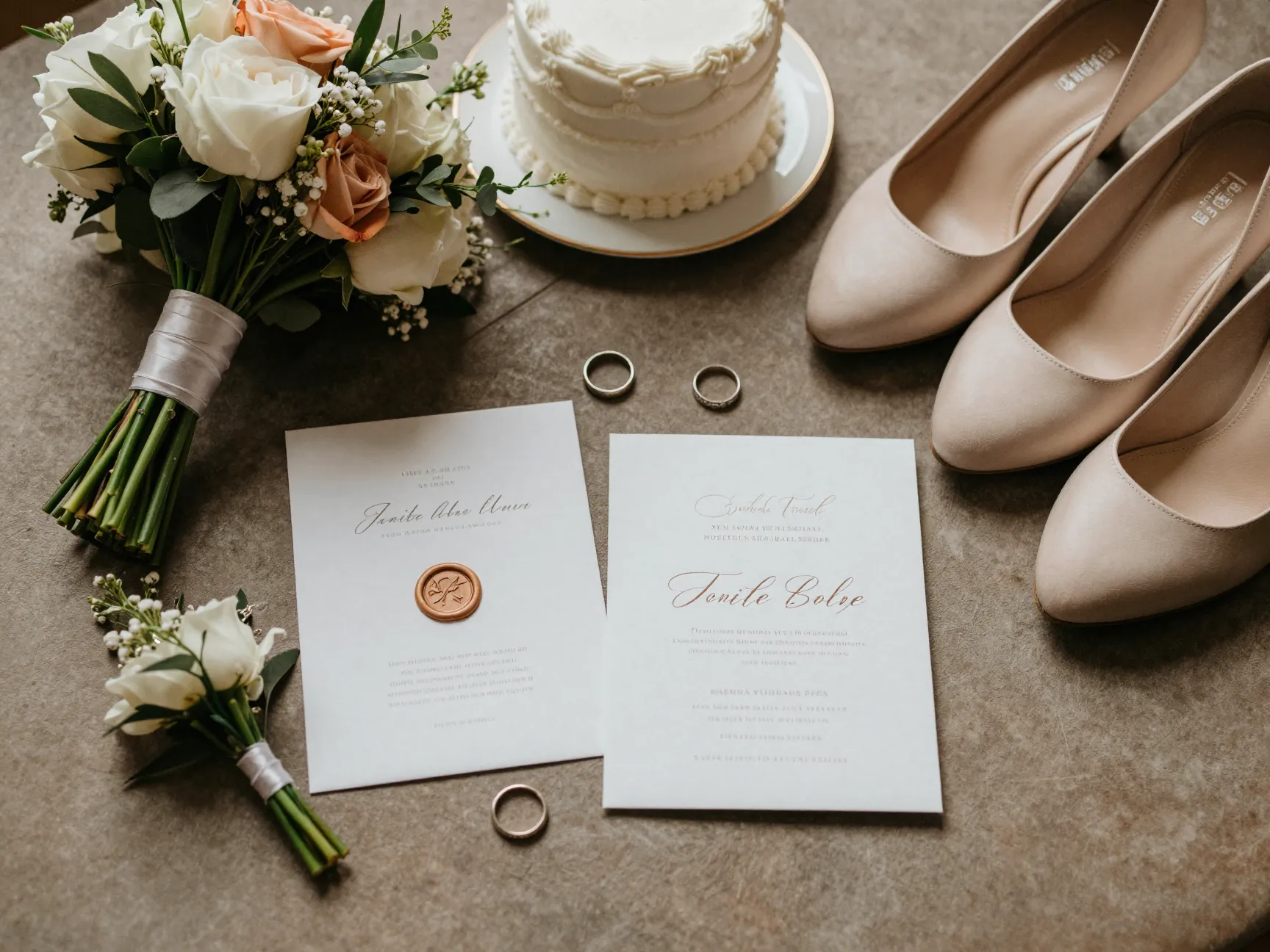 Curated detail shots wedding rings bouquet shoes invitations arranged