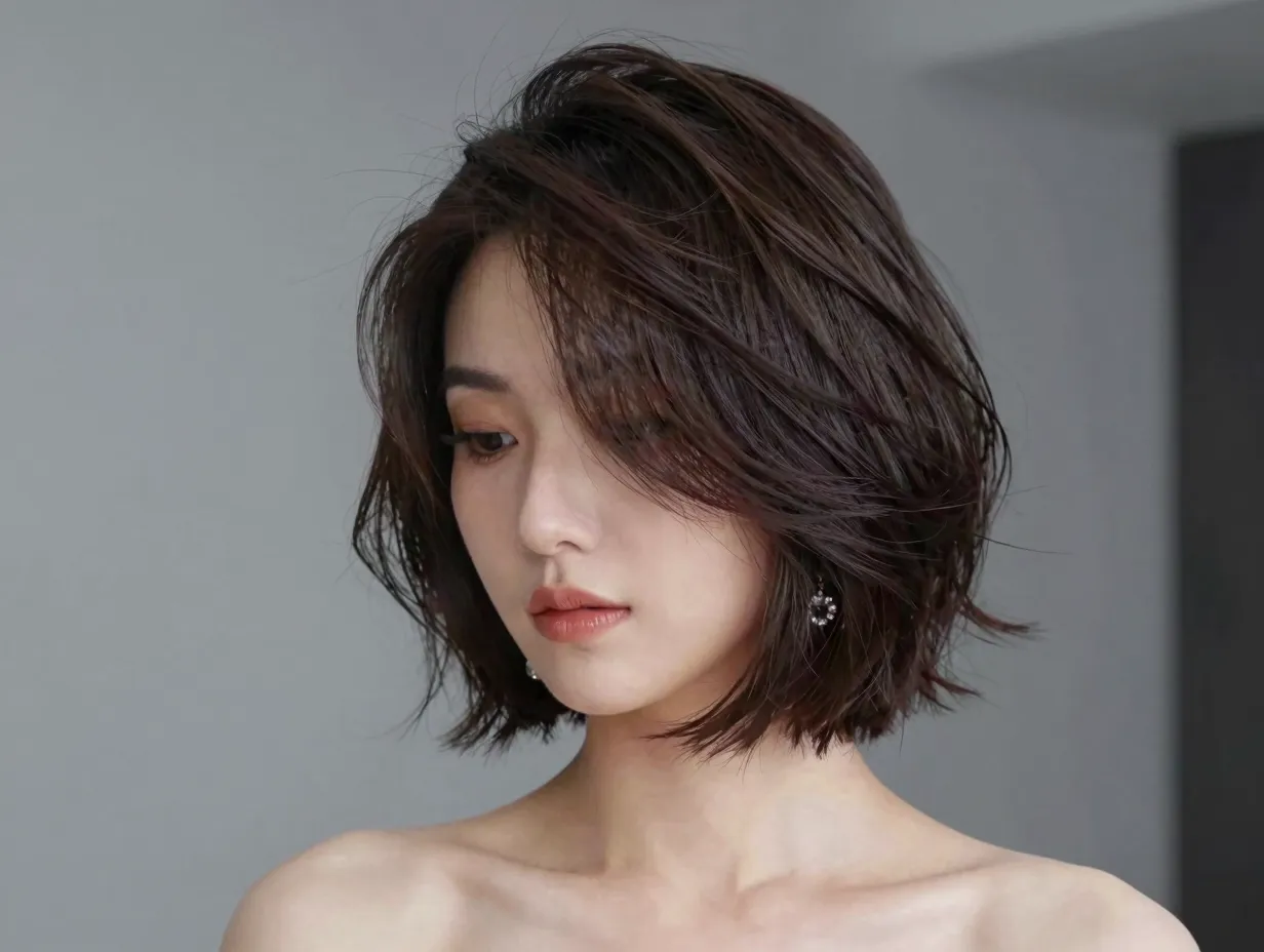 Feathered bob sculpted volume shoulder length bride modern