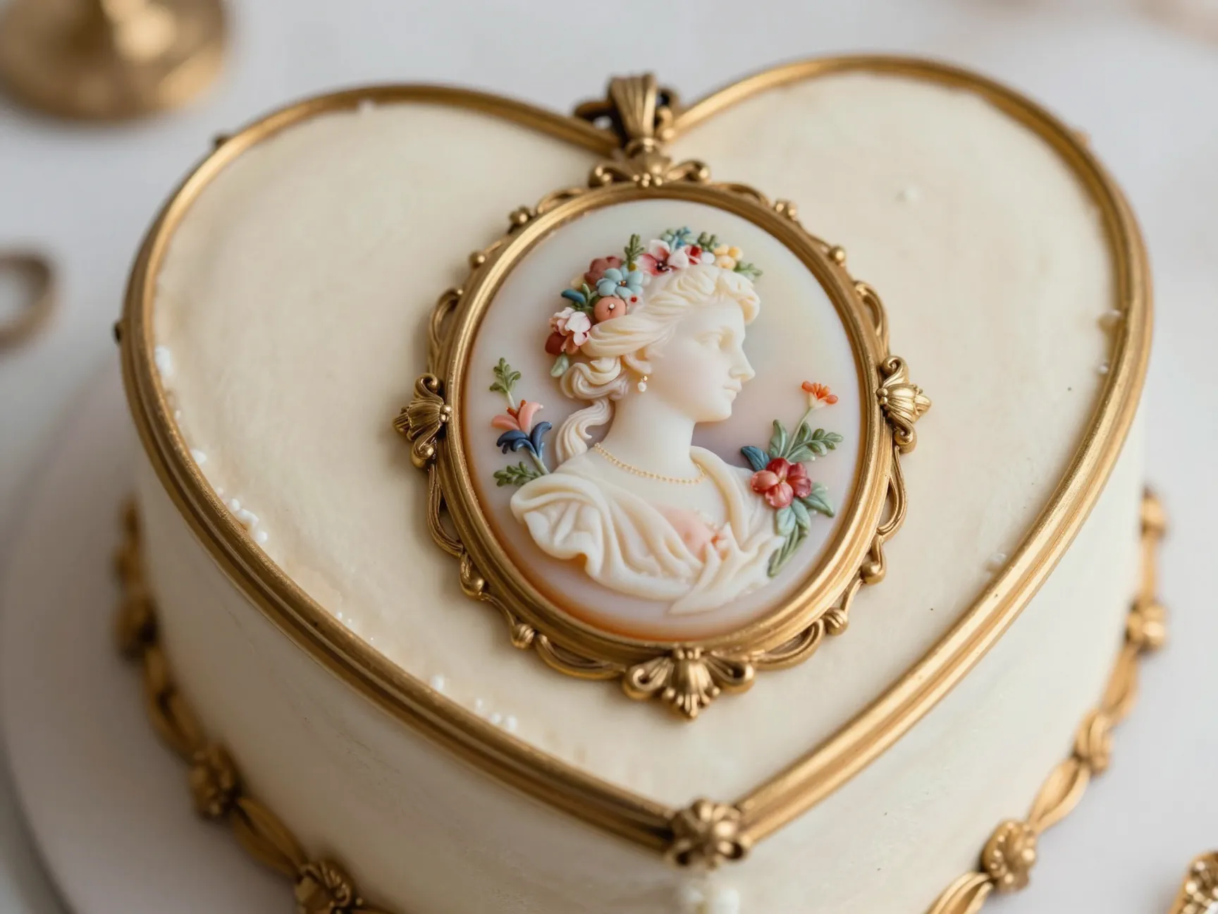 Oval vintage locket inspired heart cake with gold frame and floral cameo