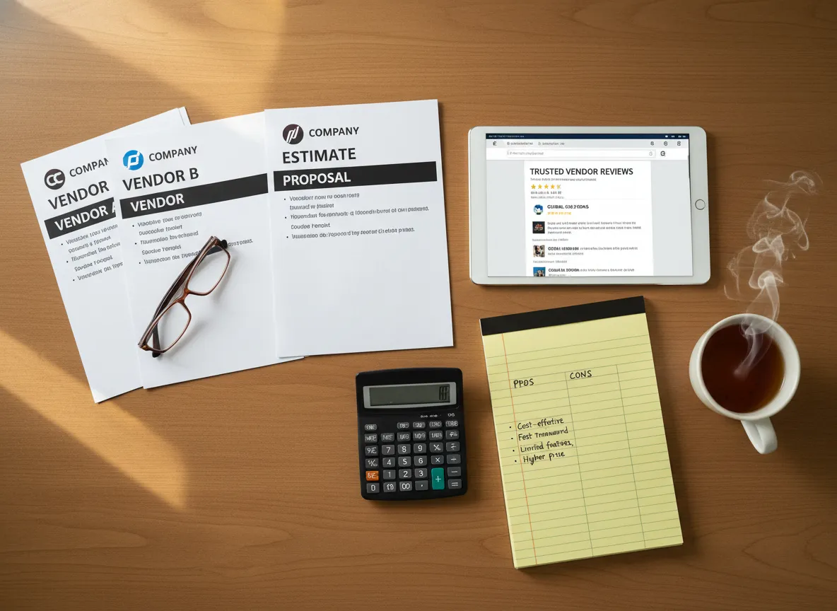 Stack of printed vendor quotes and reviews on desk with tablet