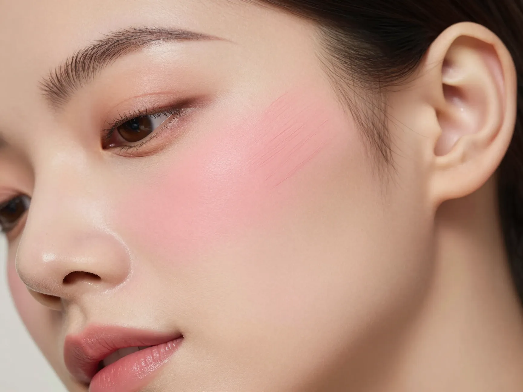 Blush applied high on cheekbones blended towards temples