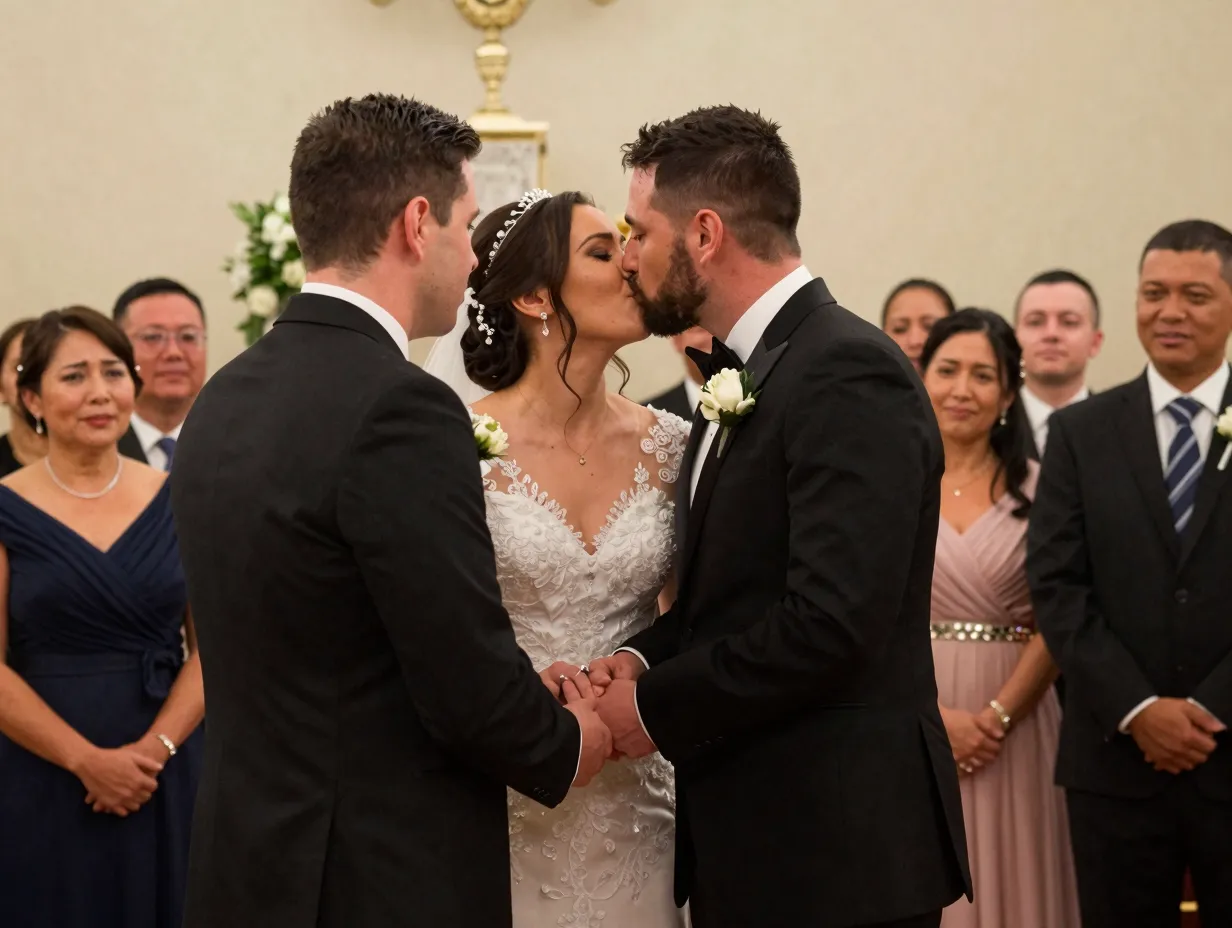 Ceremony exchange vows ring placement kiss at altar