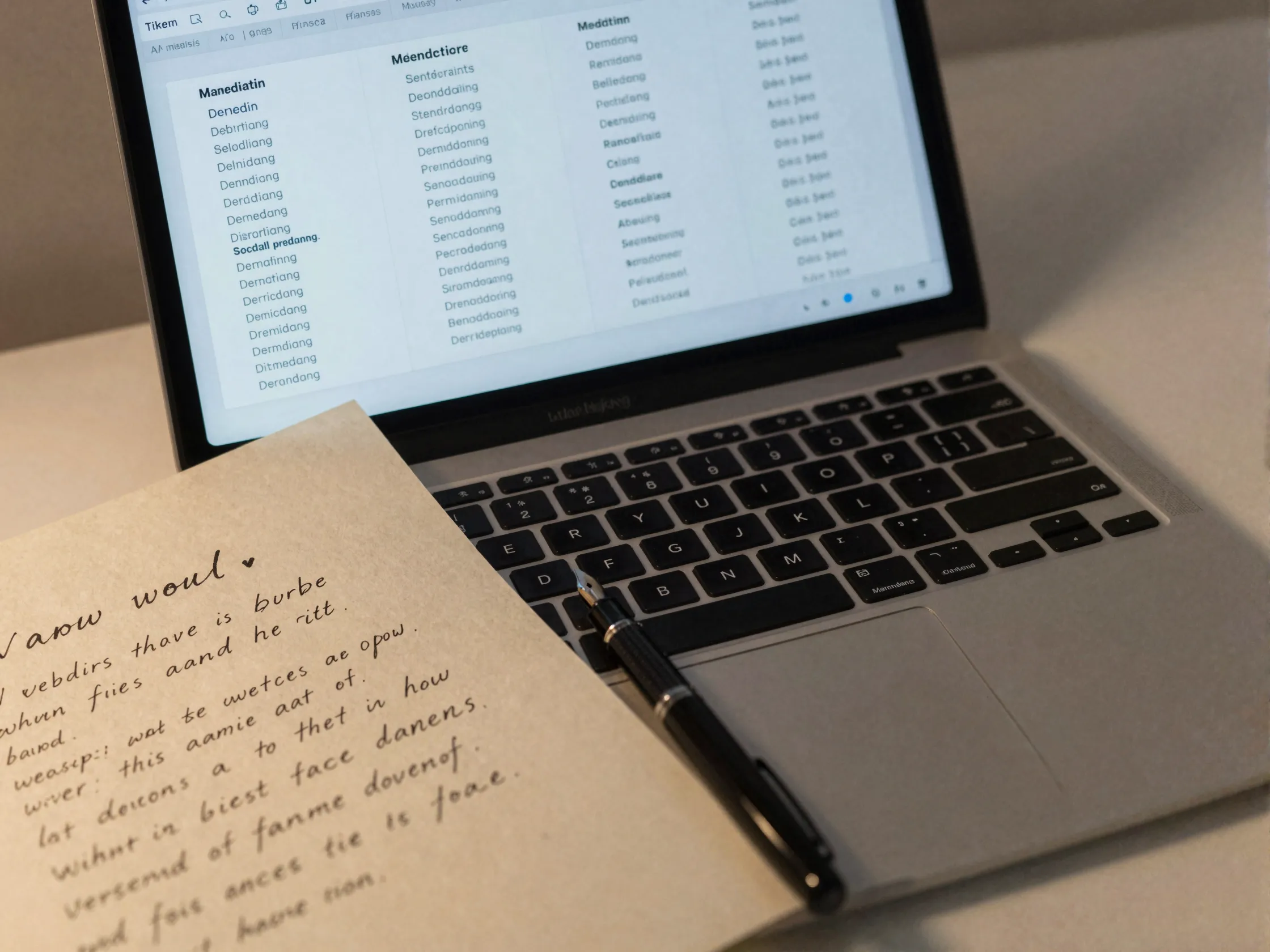 Laptop screen showing ai wedding tools next to handwritten vows