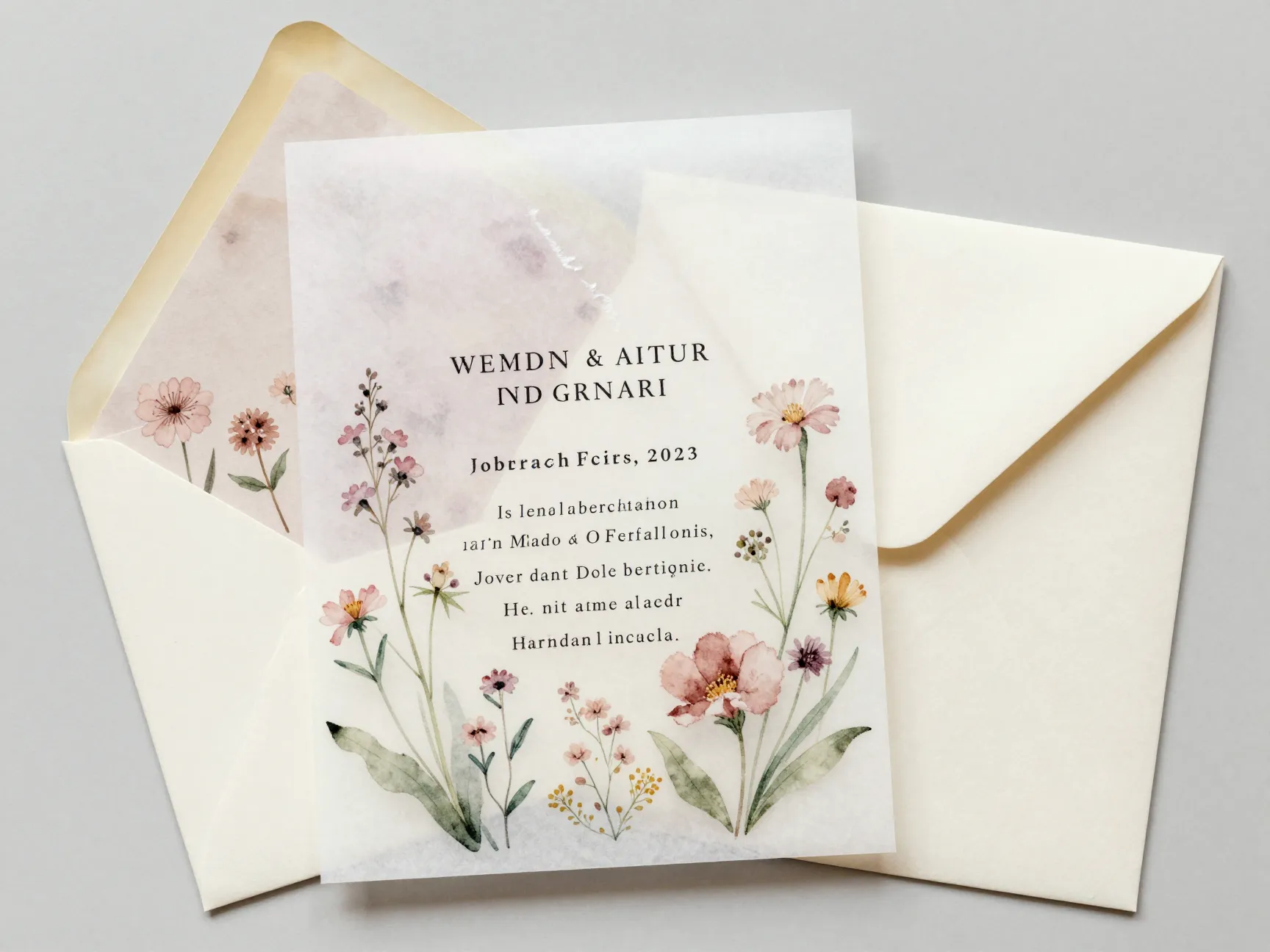 Layered vellum overlay on watercolor floral invitation suite