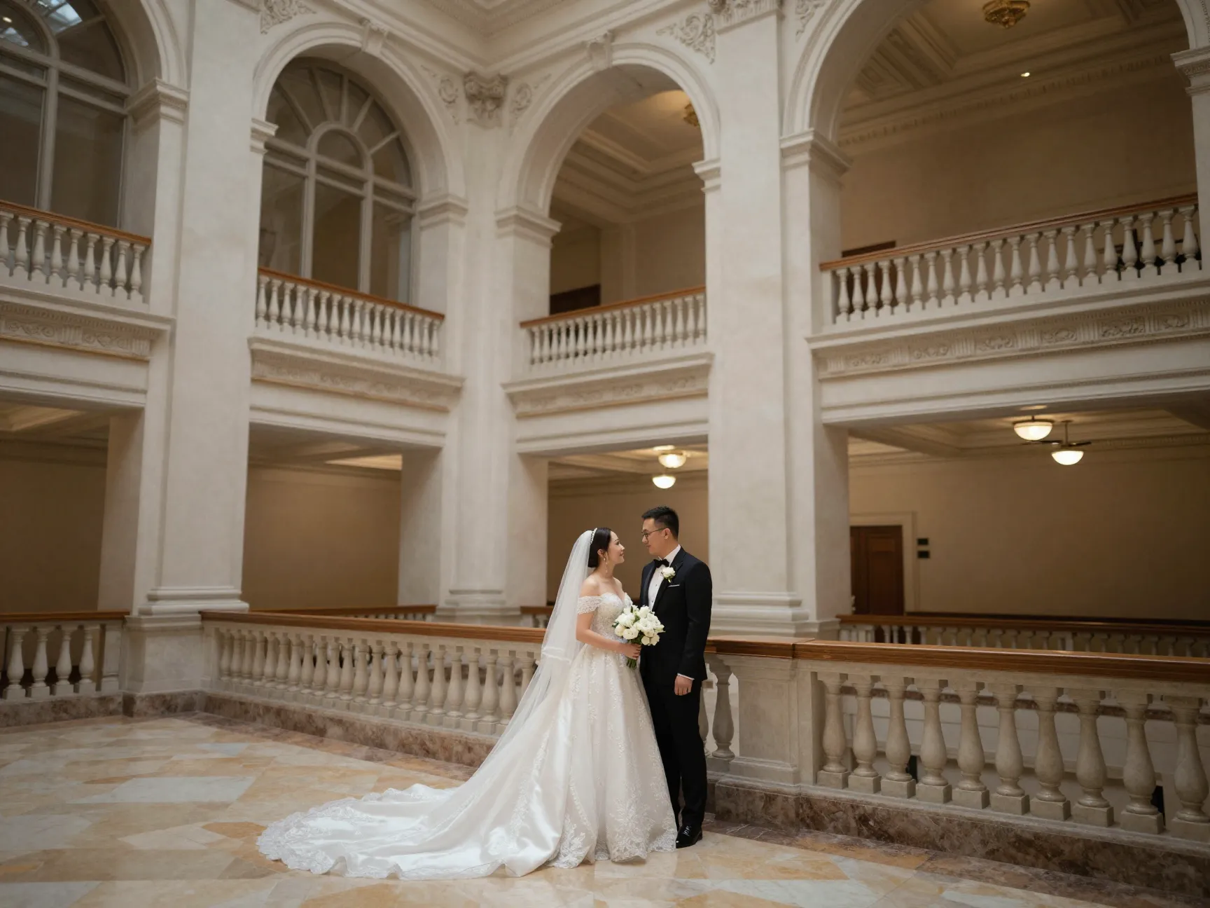 Couple environmental portrait grand ballroom venue architectural details
