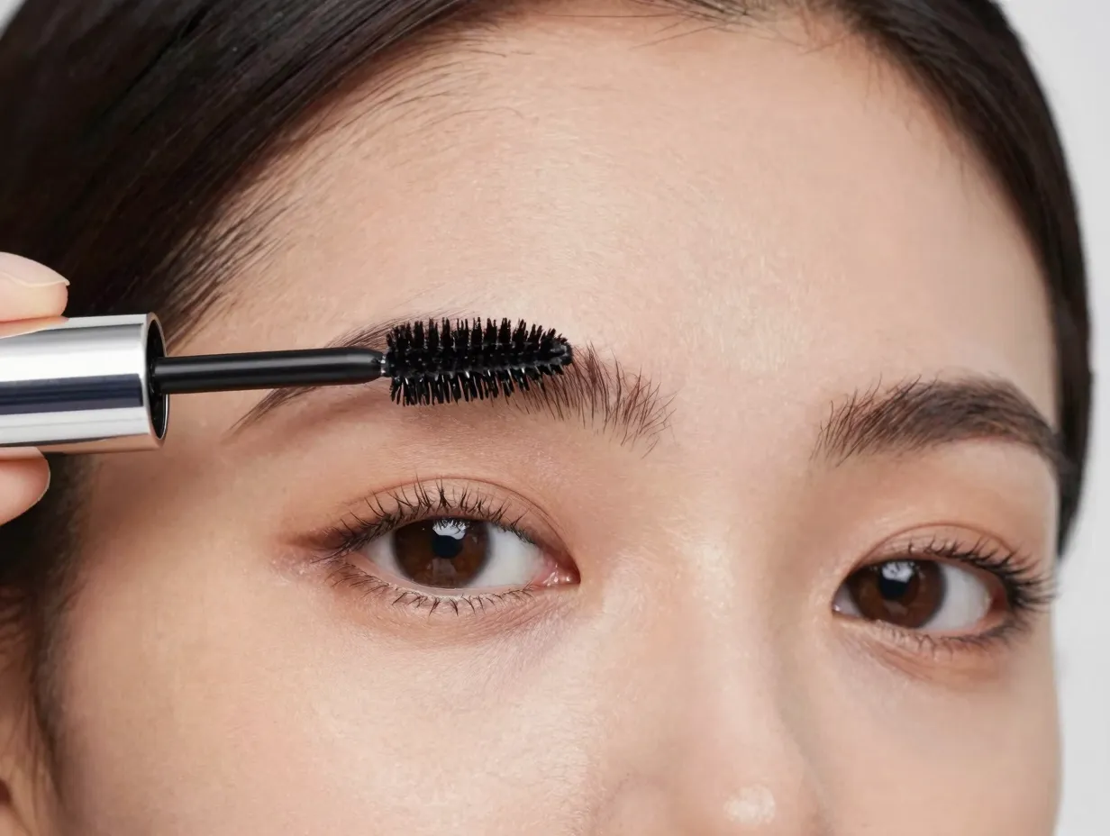 Model grooming natural brows with tinted brow gel product