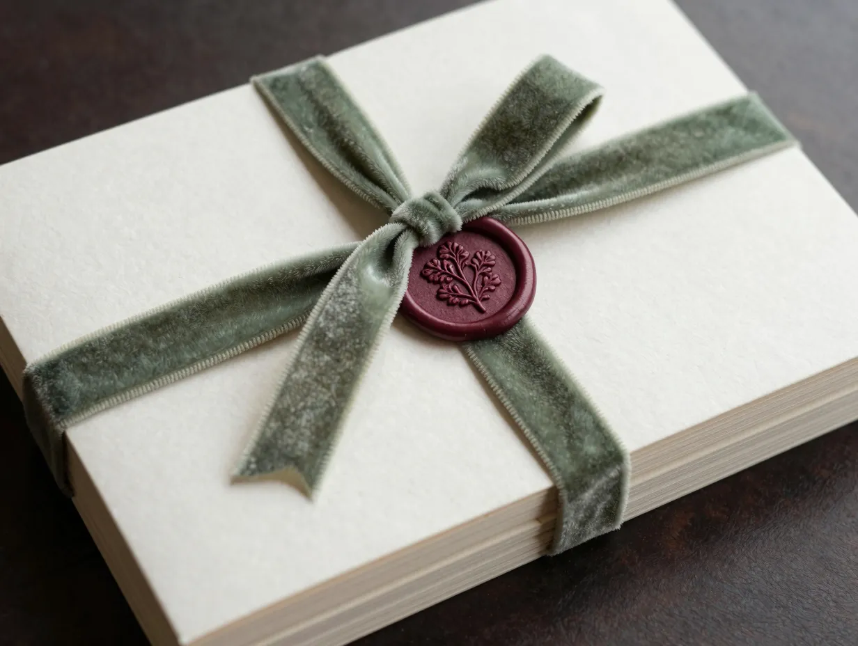 Velvet ribbon tied rustic wedding invitation bundle with wax seal