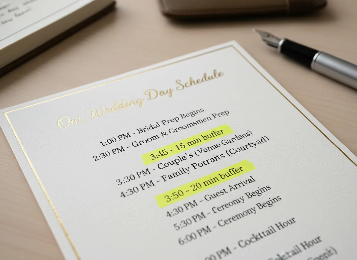 Detailed wedding timeline with highlighted buffer times closeup