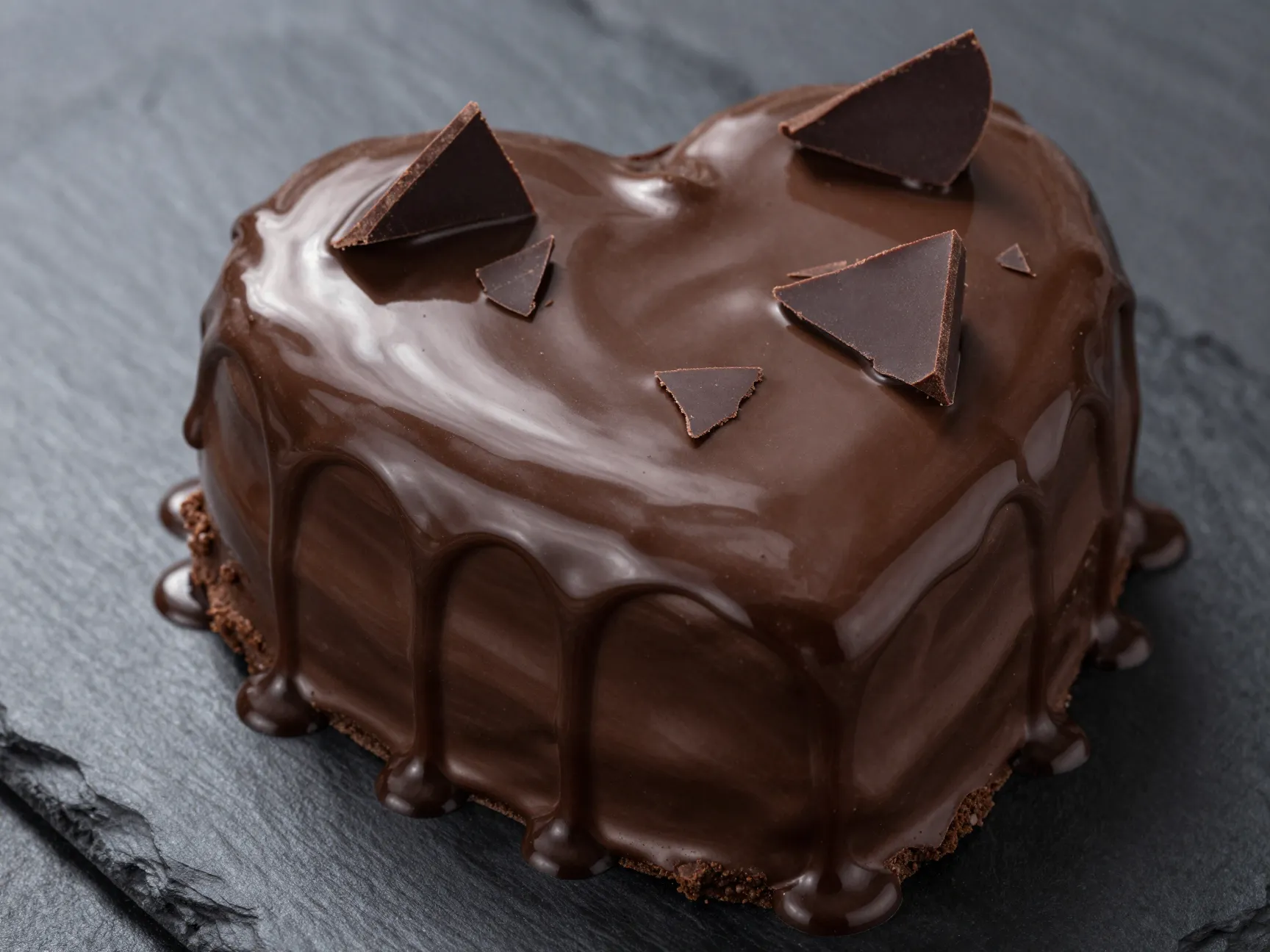 Glossy chocolate ganache drip heart cake with chocolate shards