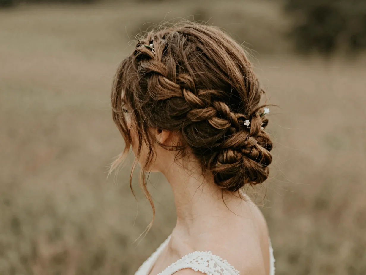 Upswept braided style shoulder length bride romantic bohemian