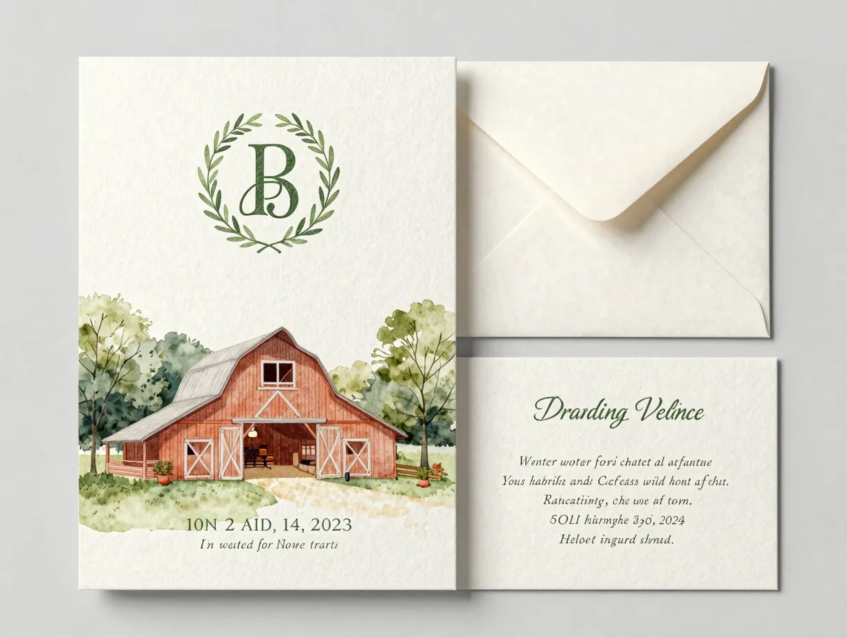 Watercolor venue illustration and monogram crest on letterpress invitation