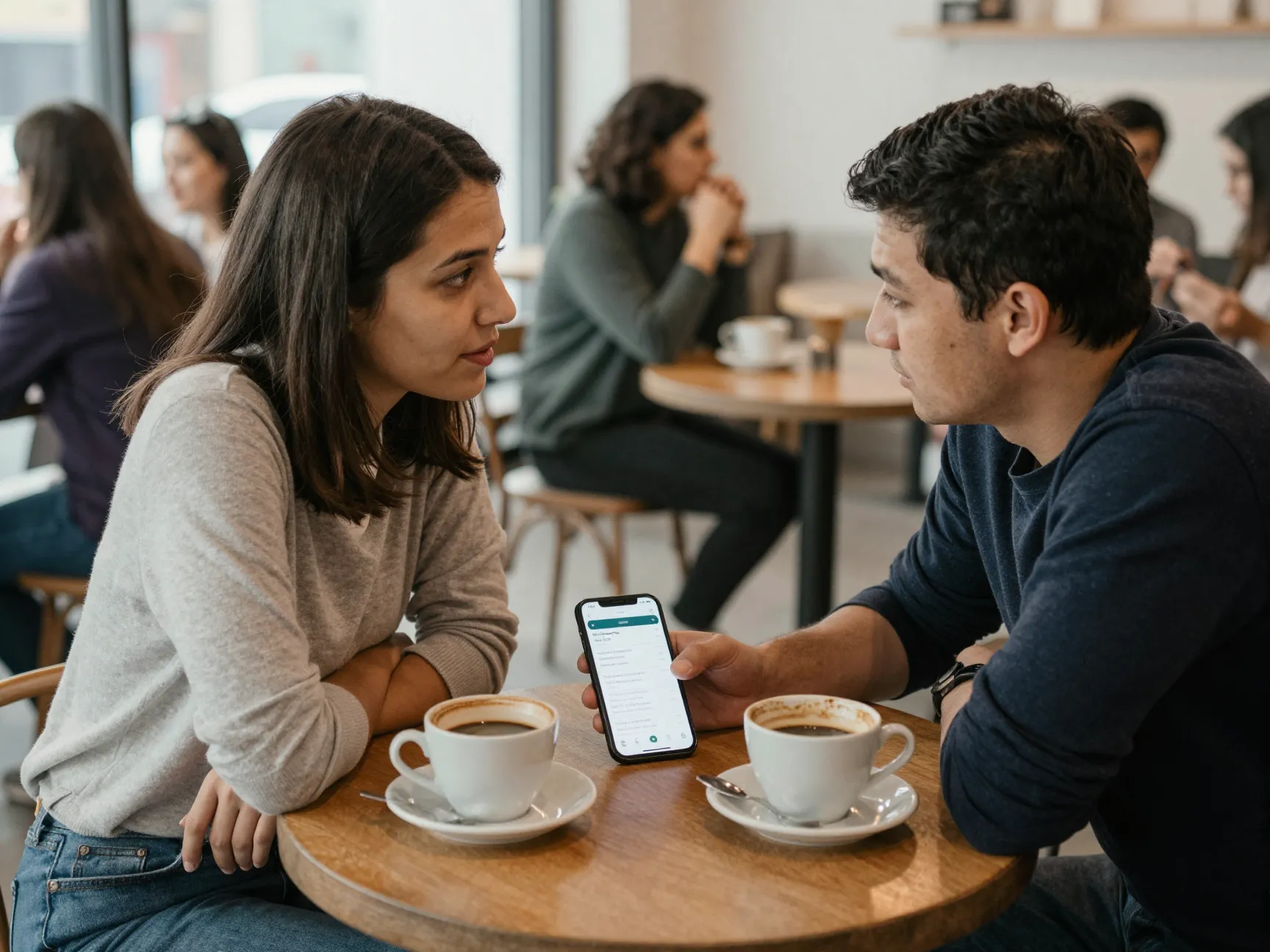 Couple discussing wedding plans over coffee with shared app