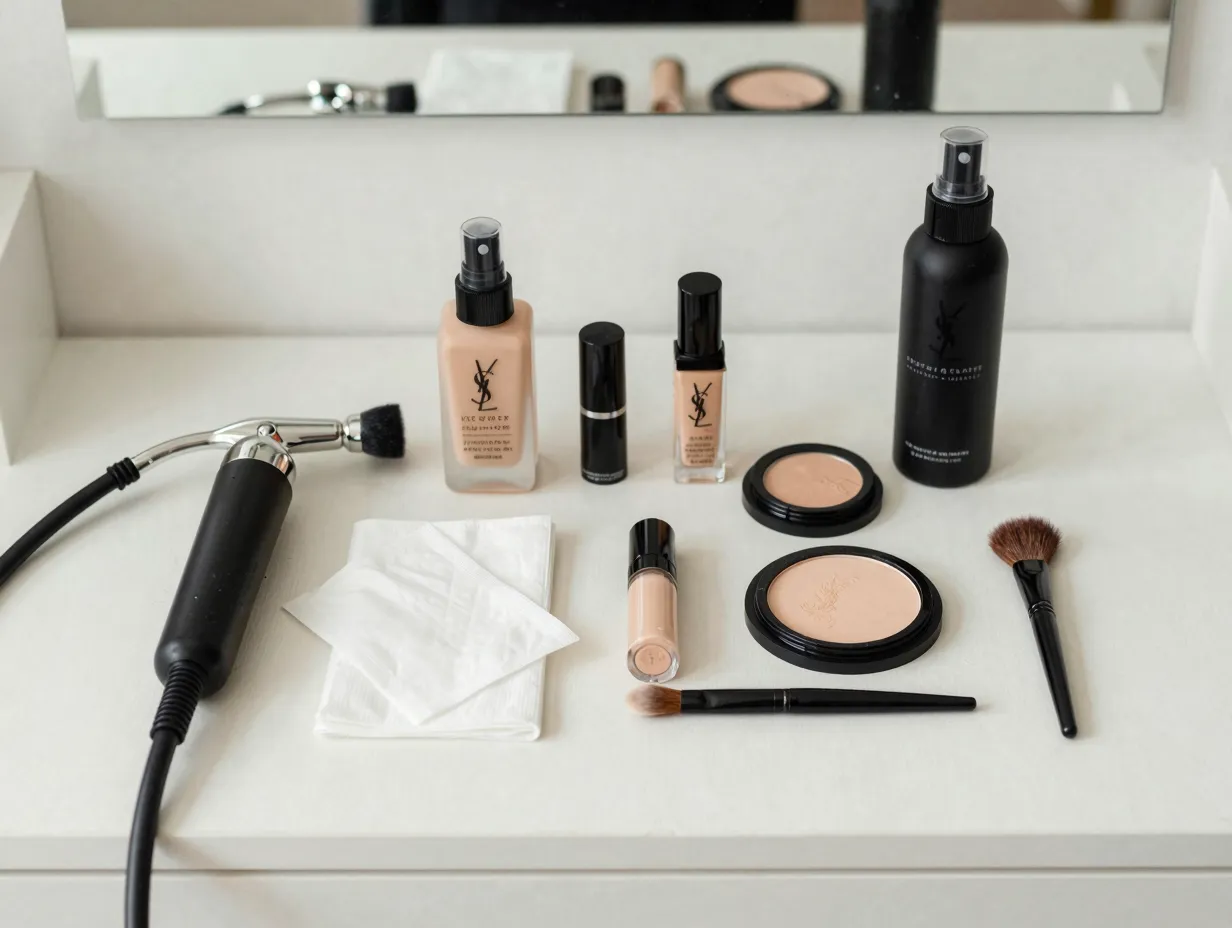 Airbrush makeup kit and setting spray on vanity for longevity