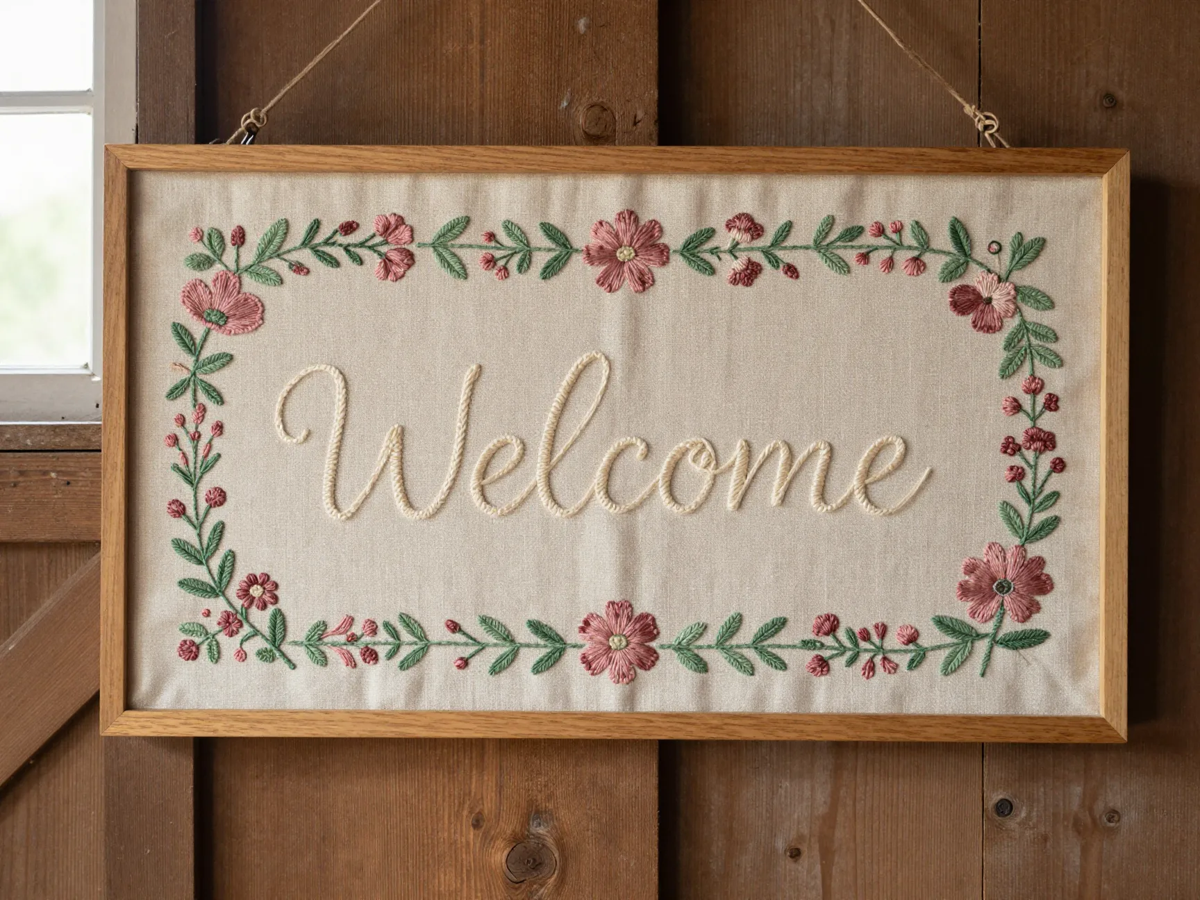 Hand stitched embroidered linen welcome sign with floral border