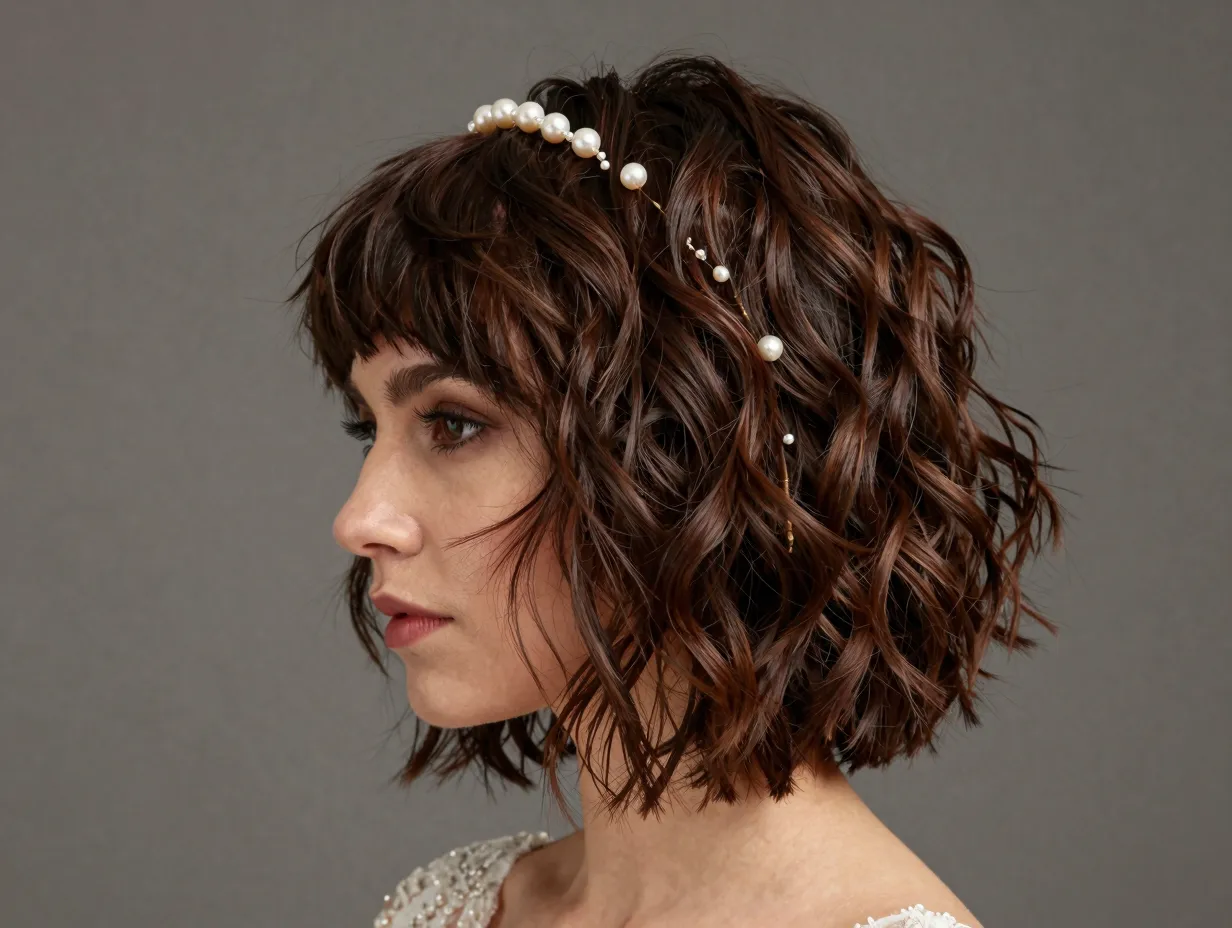 Textured shag cut shoulder length bride layered volume