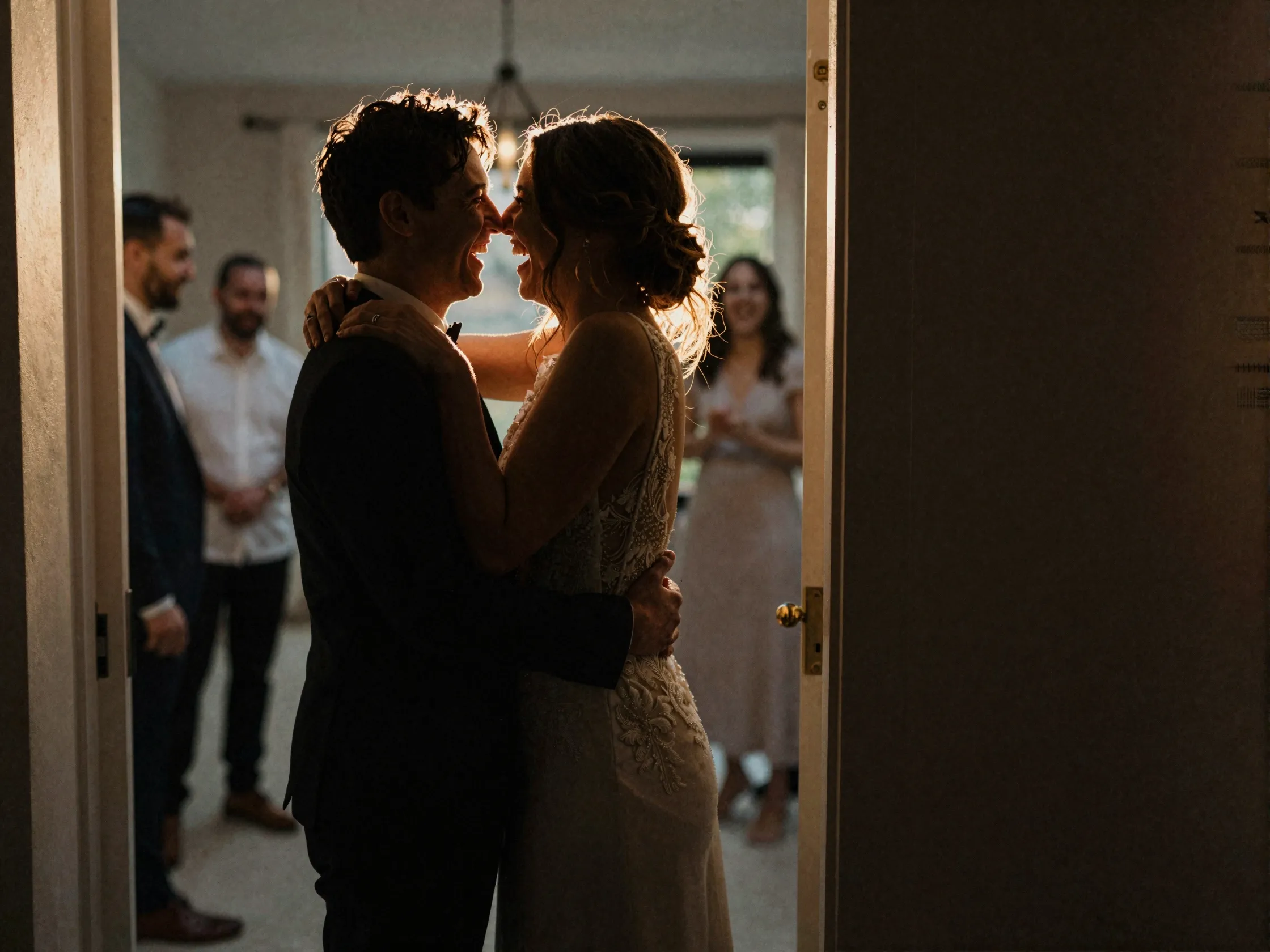 Couple embracing and laughing in quiet moment before reception