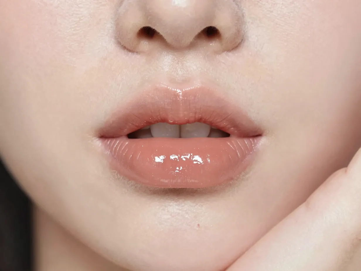 Model with monochromatic nude glossy blurred lip finish